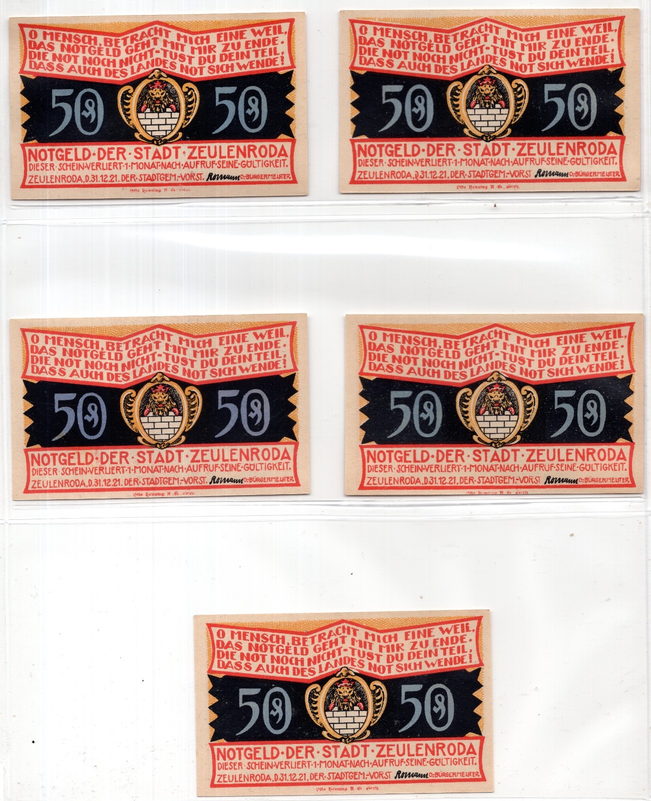 1921 Germany Zeulenroda Notgeld Set of 5 Notes (1913)
