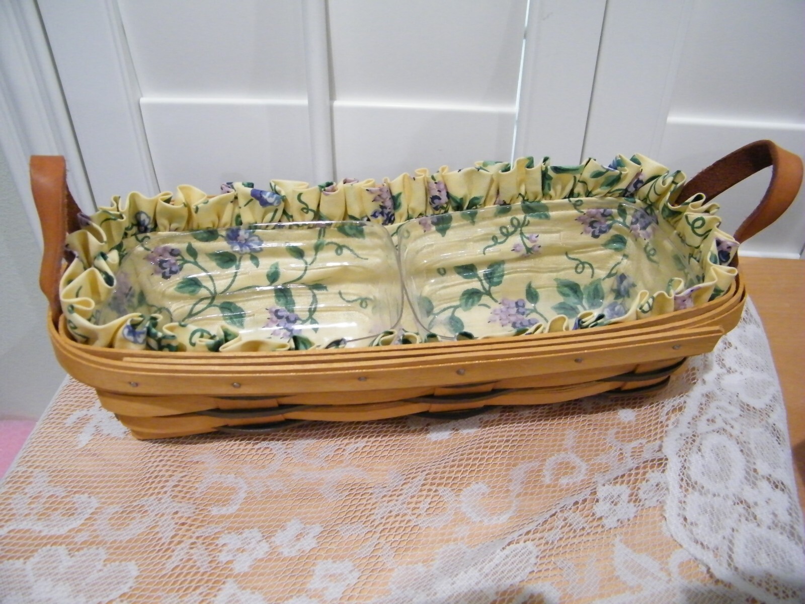 COLLECTIBLE 1999 LONGABERGER BASKET 11" 2-LINERS,GRAPE FABRIC & ,PLASTIC LINER