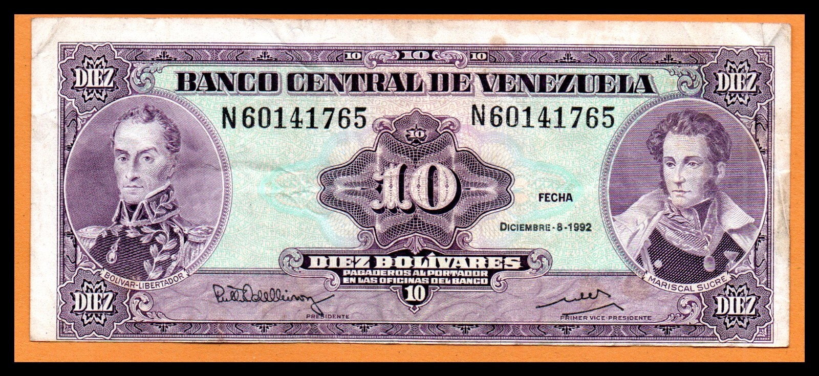 Venezuela VF Note 10 Bolivares 1992 "CUTTING ERROR", Banknote, Paper Money