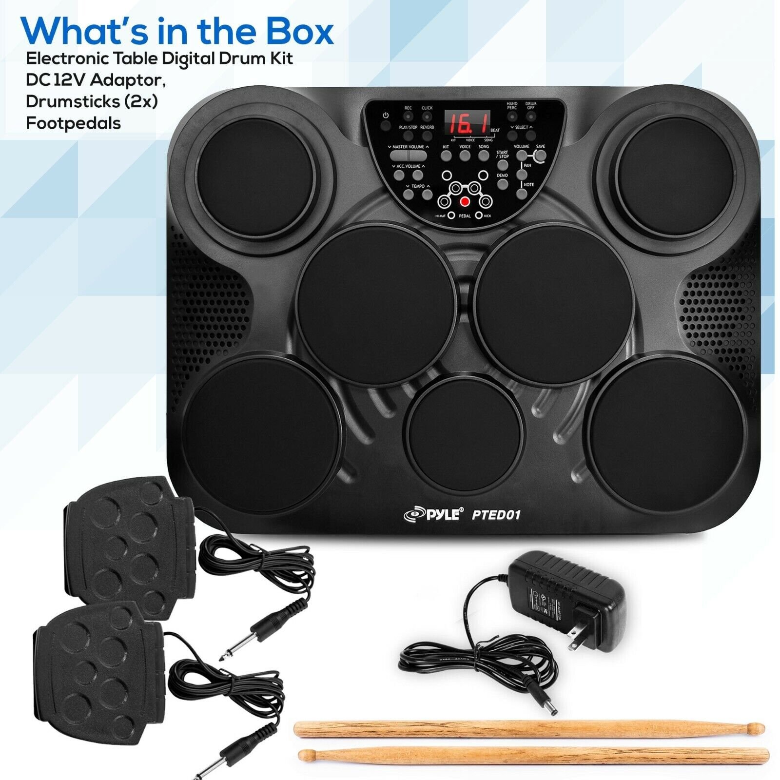Pyle PTED01 Electronic Table Top Drum Kit, 7 Drum Pads with Touch Sensitivity