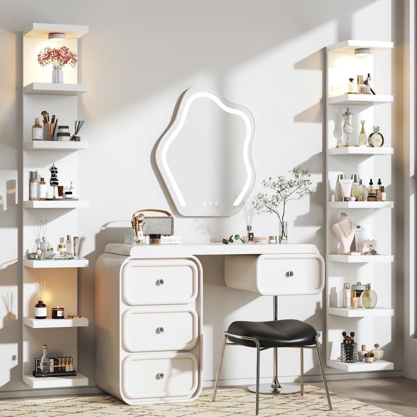 White 7-Tier Vertical Wall Shelf Unit with USB Rechargeable Led Light (Remote...