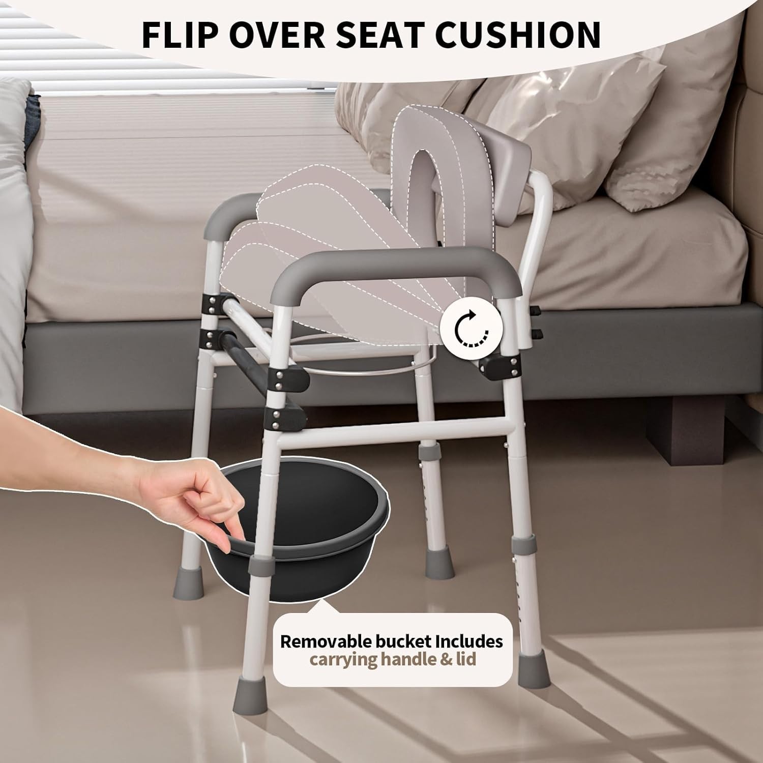 Adjustable Medical Bedside Commode Chair with Padded Backrest, Drop Arm Support