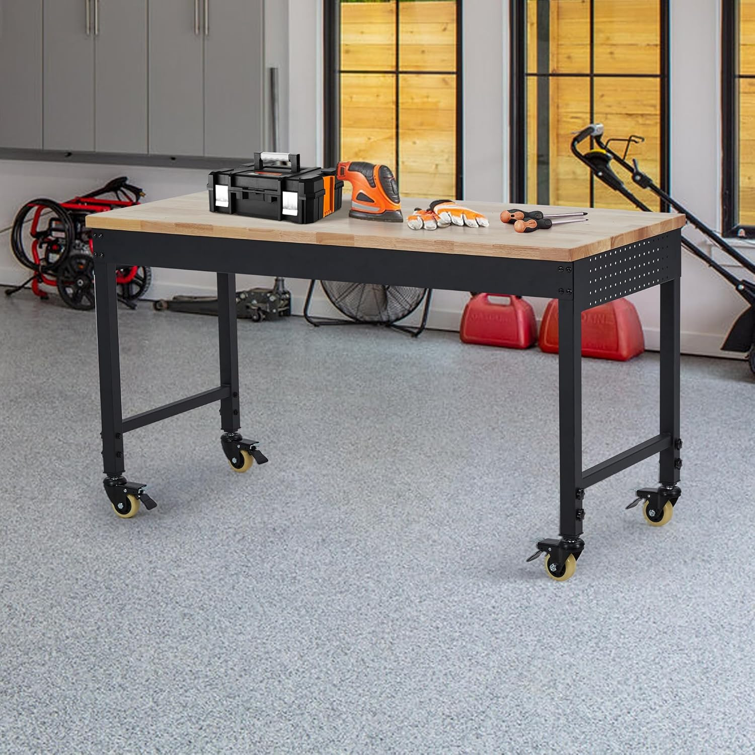 48" Adjustable Height Workbench, Rubber Wood Tabletop Work Table with Wheels, Po