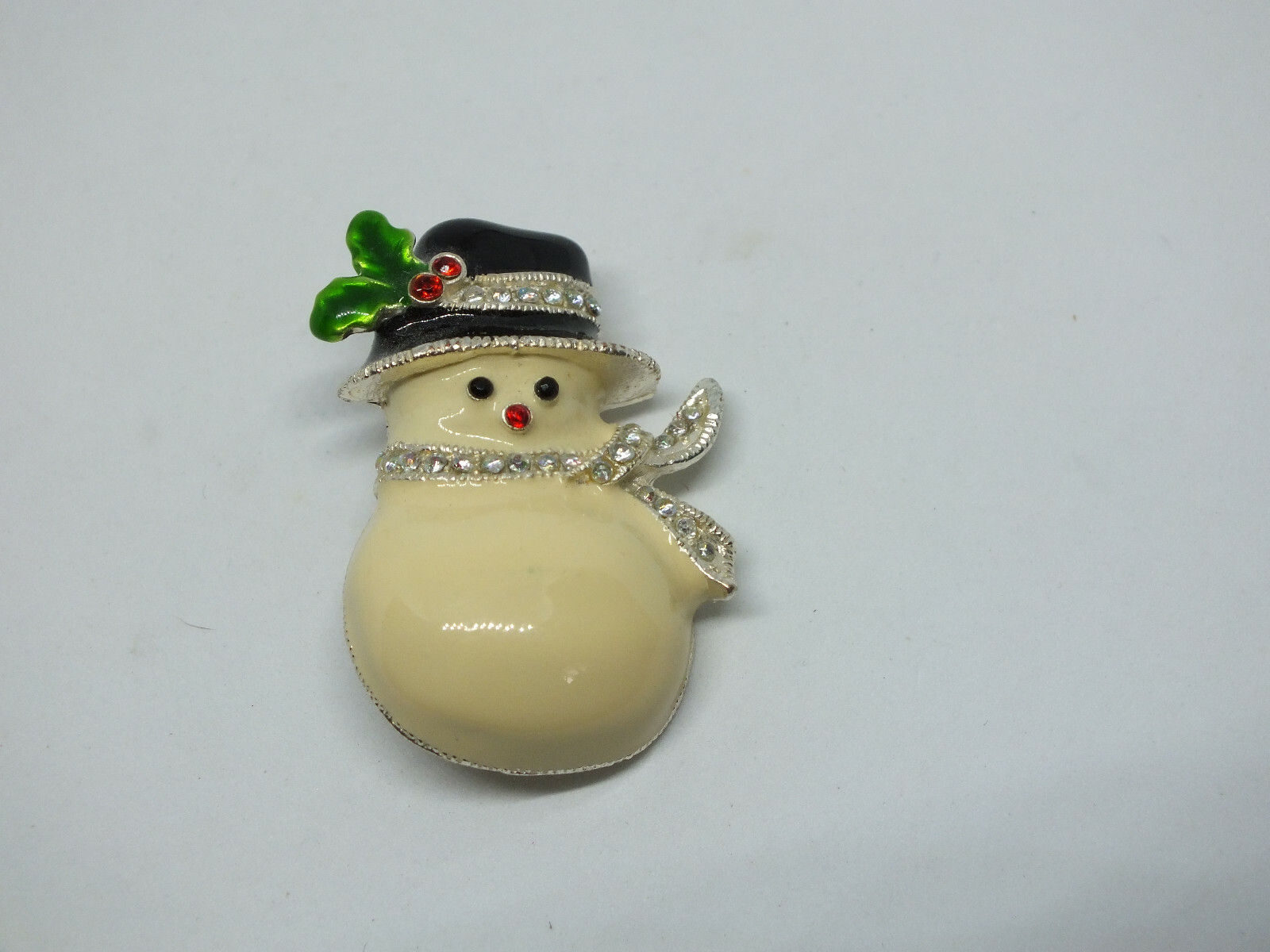 Beautiful Brooch Snowman Silver Tone Black Green Enamel REd & AB Rhinestones