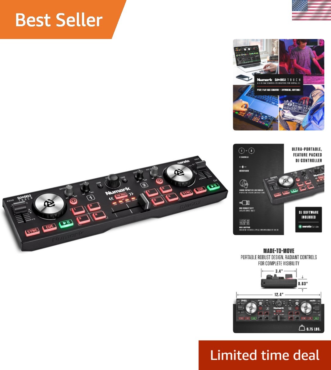 Responsive Compact DJ Controller for Serato - 2 Decks, Mixer & Performance Pads
