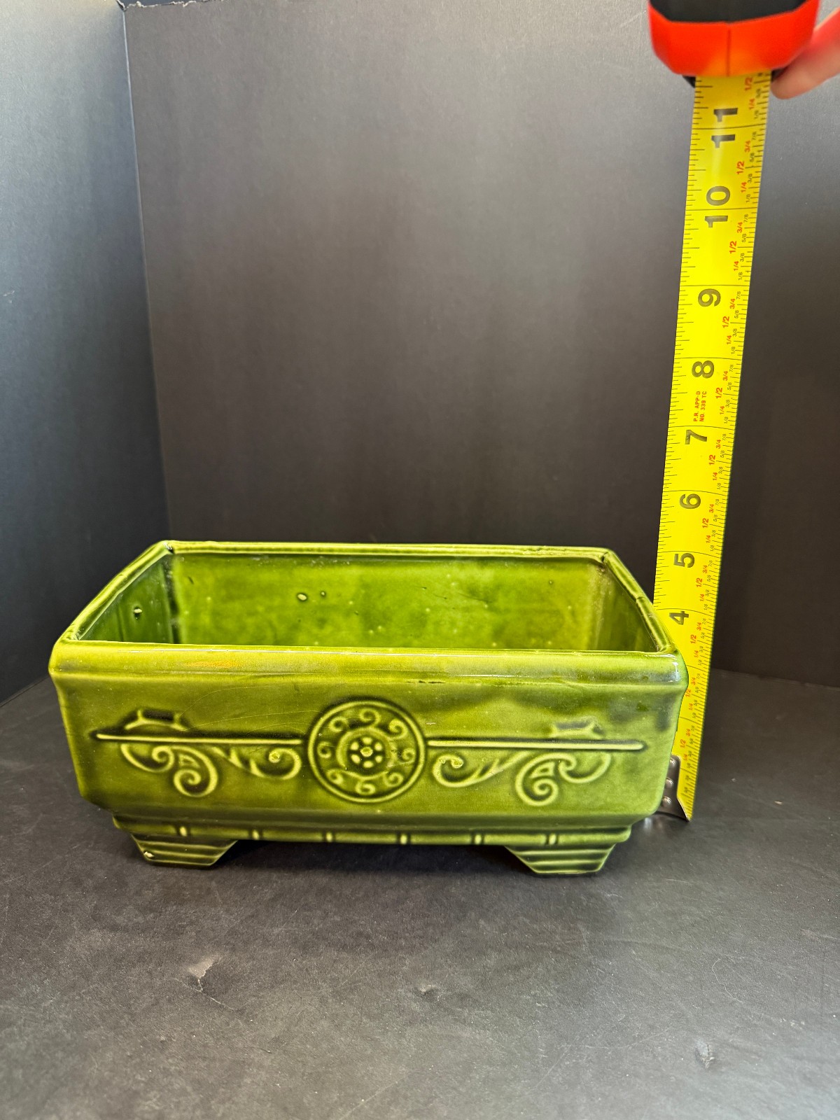 Vintage Green Ceramic Planter Mid Century Scroll Design Footed Plant Pot 9”