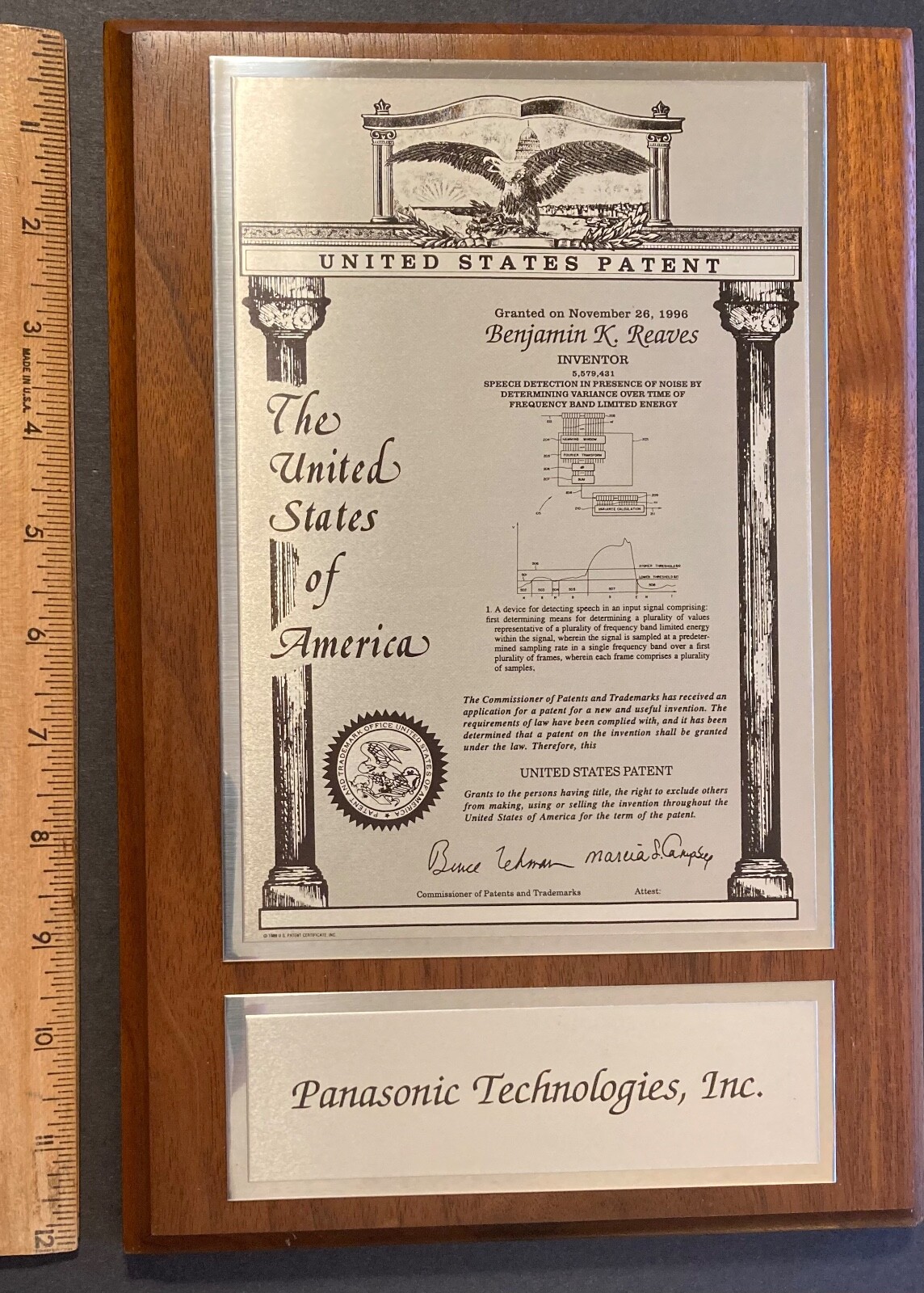 UNITED STATES PATENT PLAQUE to PANASONIC TECHNOLOGIES ~ 1996 ~ Speech Detection