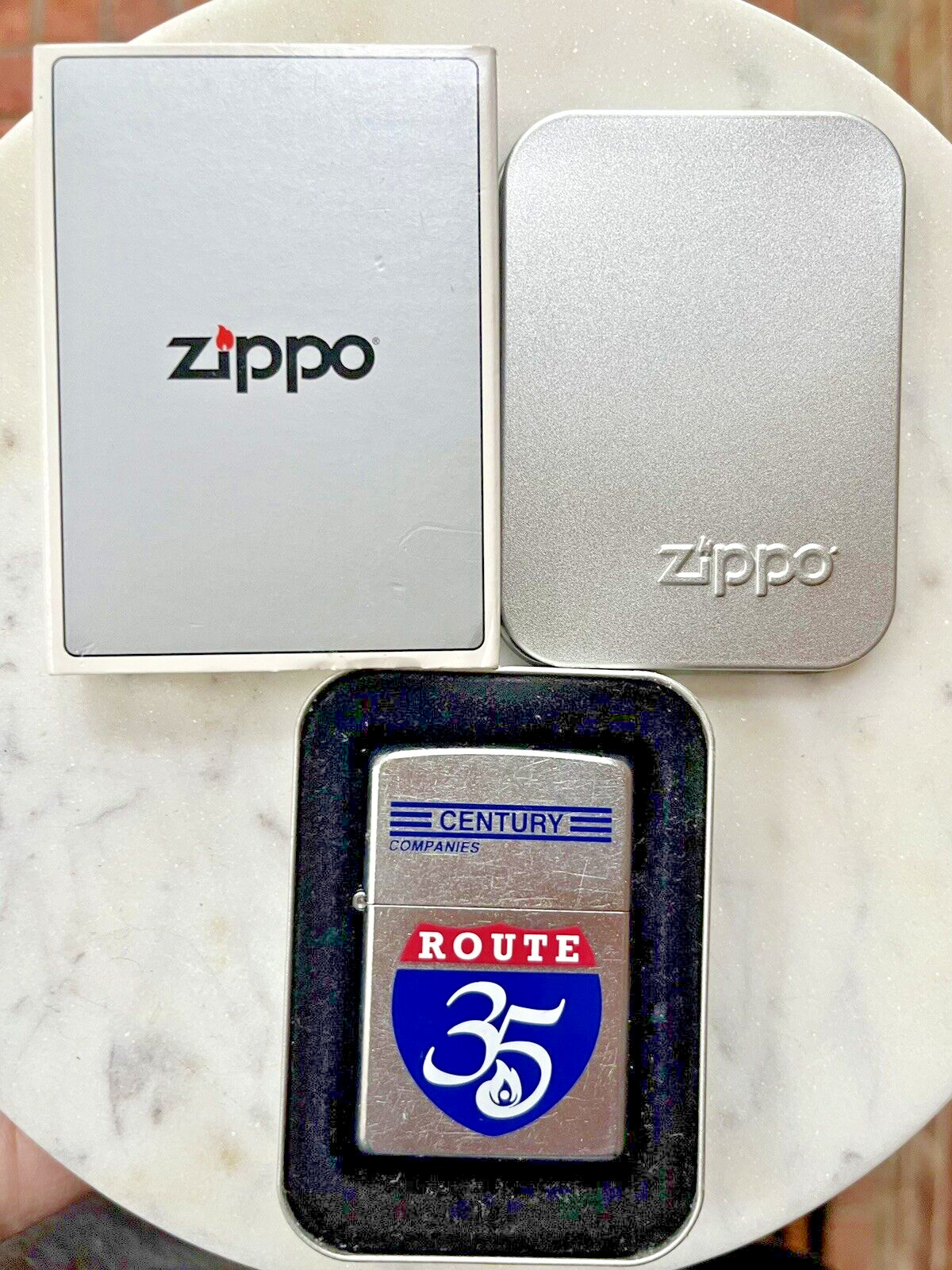 NIB Zippo Route 35 Century Companies Lighter Never Used w/ Box 2 1/4" Zippo