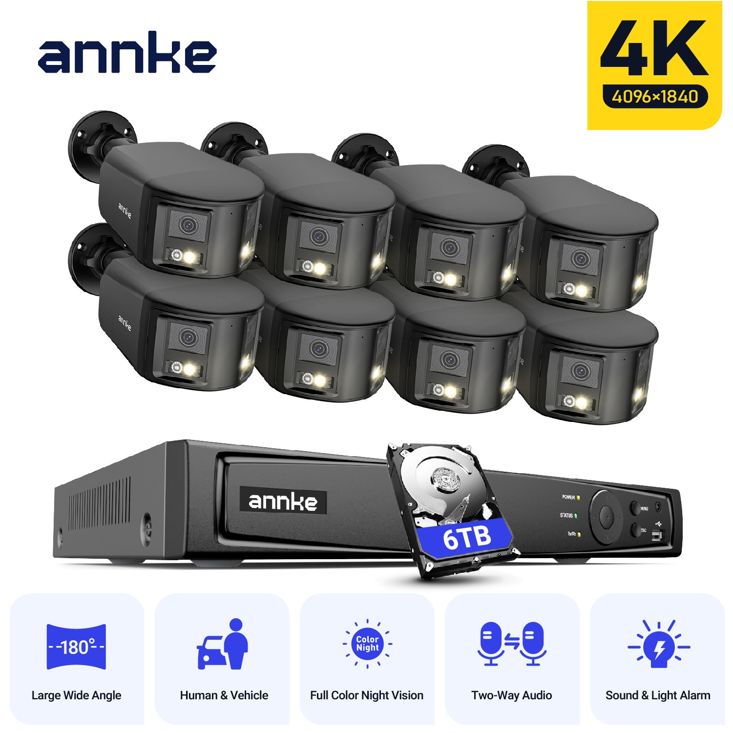 ANNKE 8CH NVR 4K POE 180° Dual Lens AI Color Security Camera System Two Way Talk