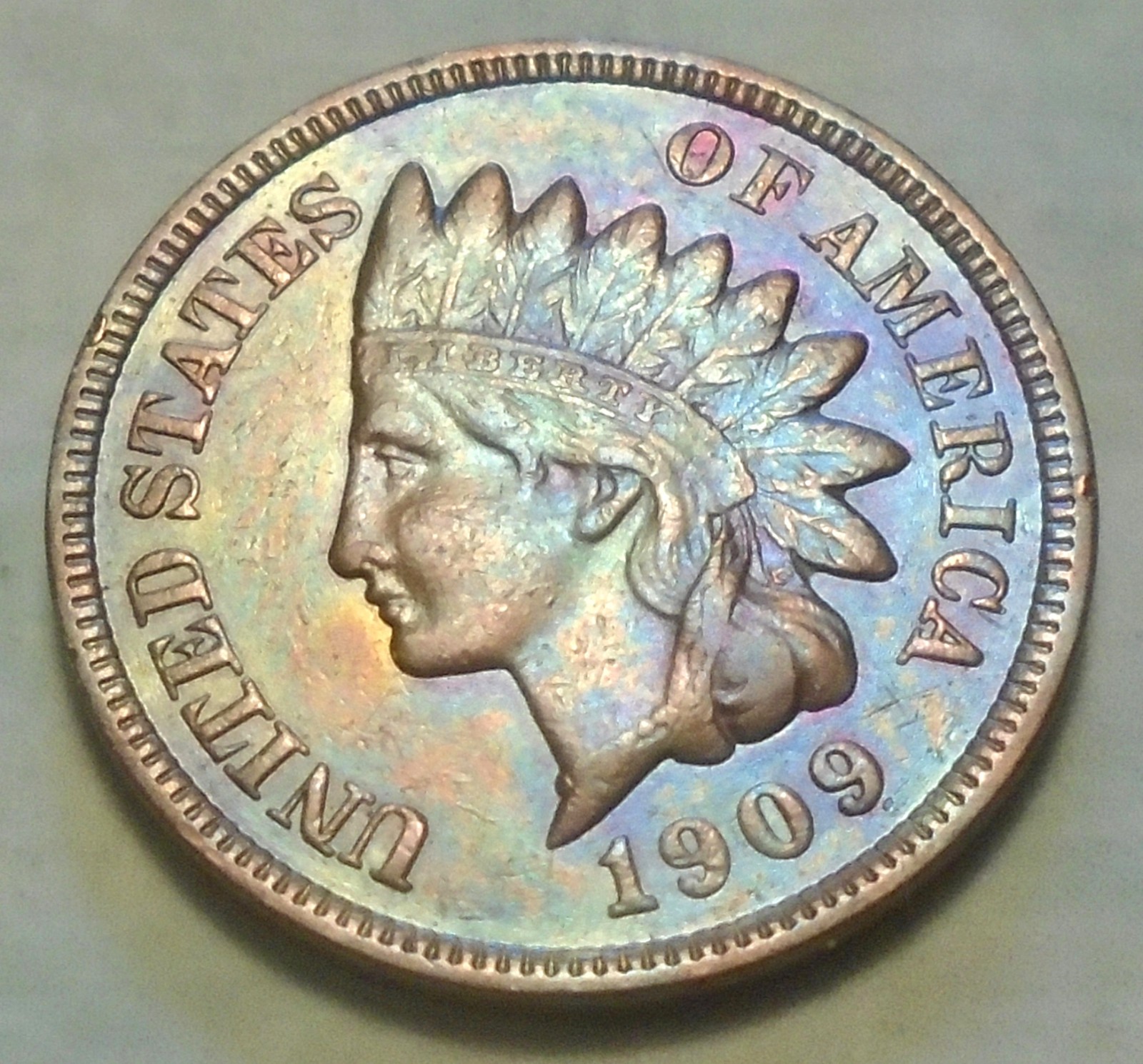 1909 RAINBOW Indian Head Cent XF EXTRA FINE 3+Diam LIBERTY 14.4 ML SEMI-KEY Nice