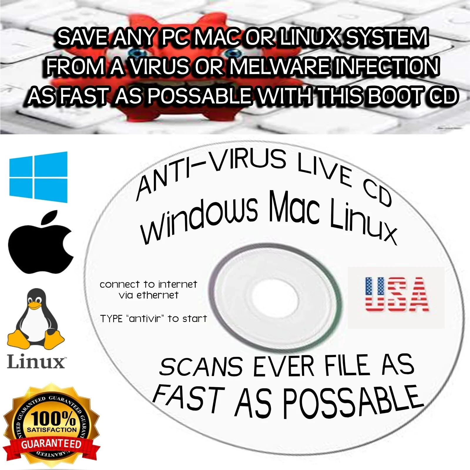 Powerful Anti-Virus Live CD - Windows - Mac - Linux 32-Bit 64-Bit BIOS-UEFI USA