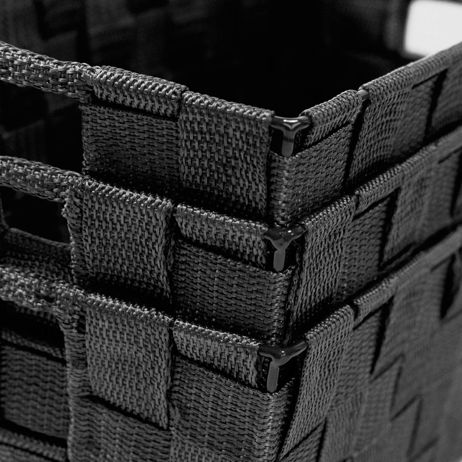 Woven Black Storage Baskets Shelf Tote Boxes 3 Pack, Strap