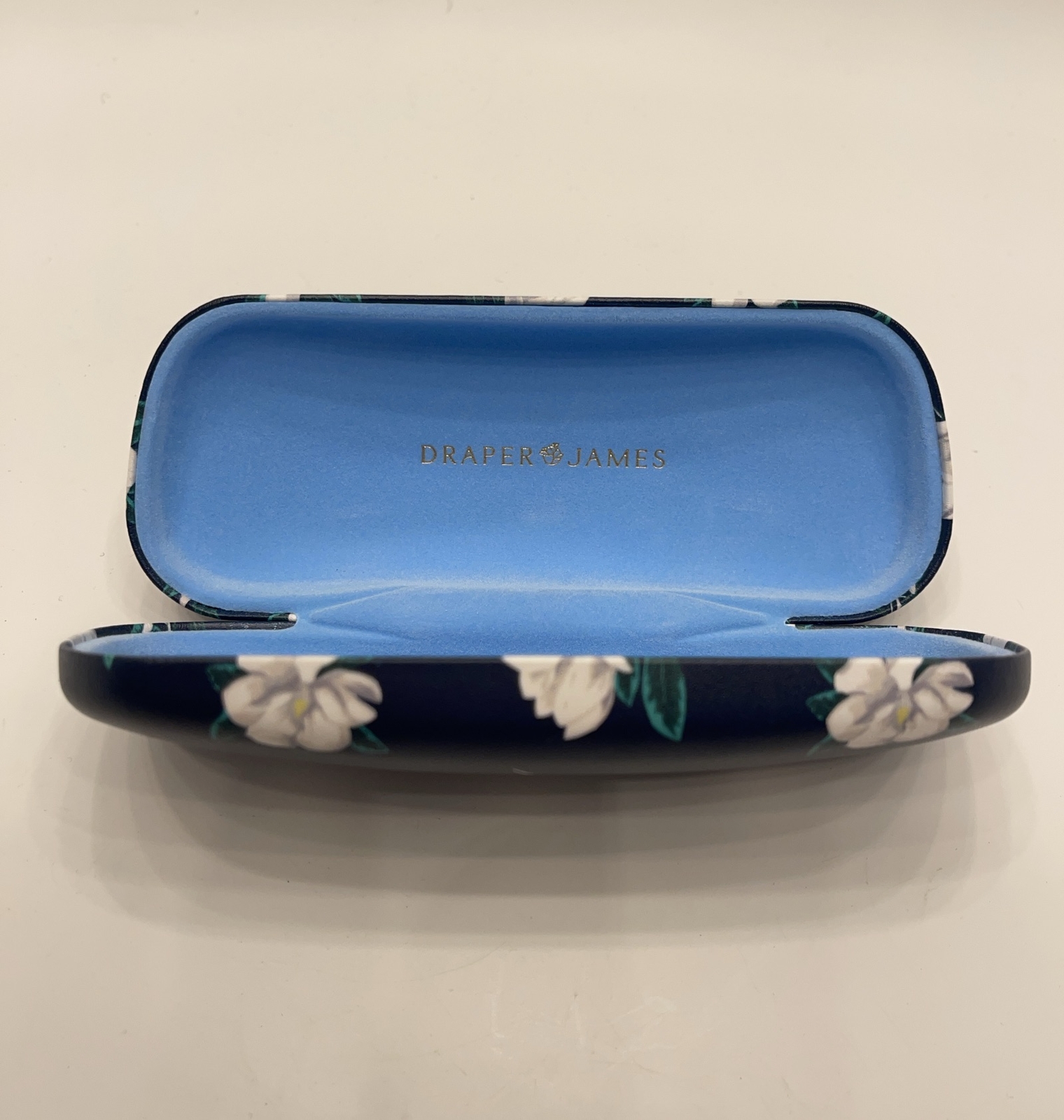 Draper James Eyeglass Case Clam Shell Navy Blue with Magnolia Flowers