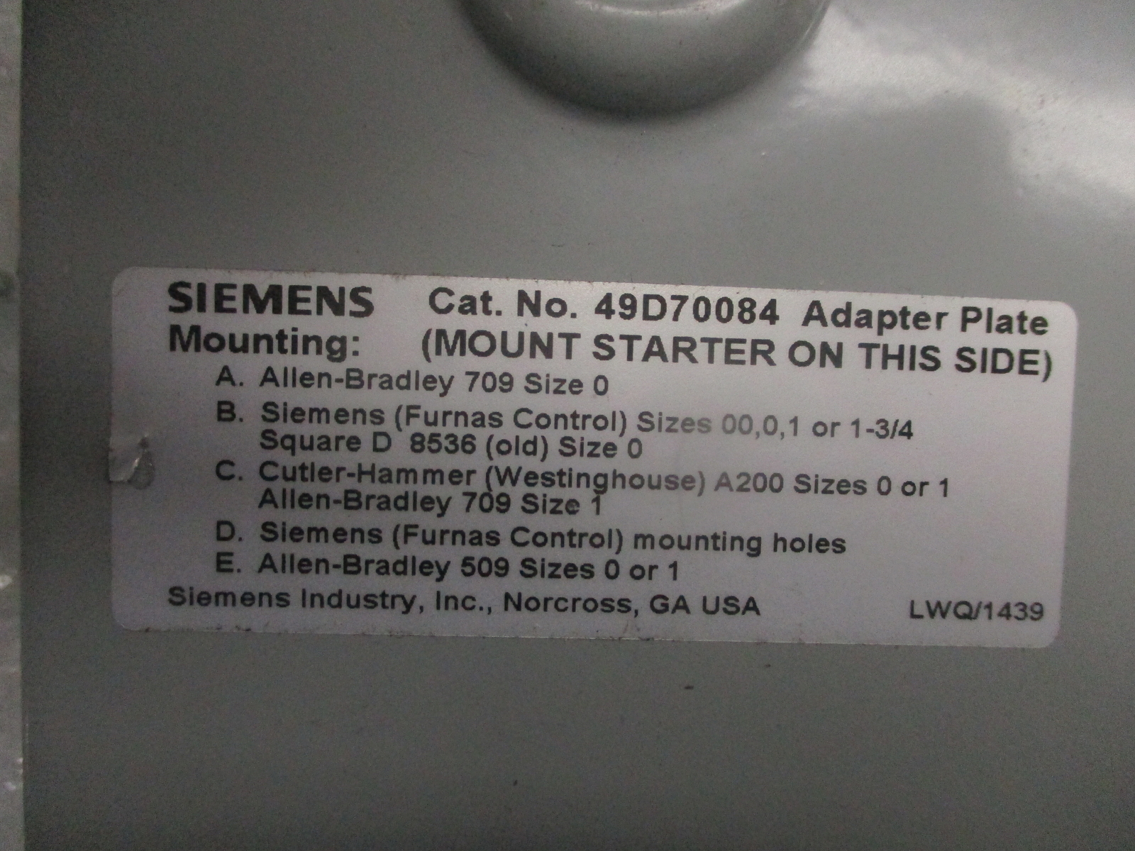 SIEMENS 49D70084 ADAPTER PLATE NSNP