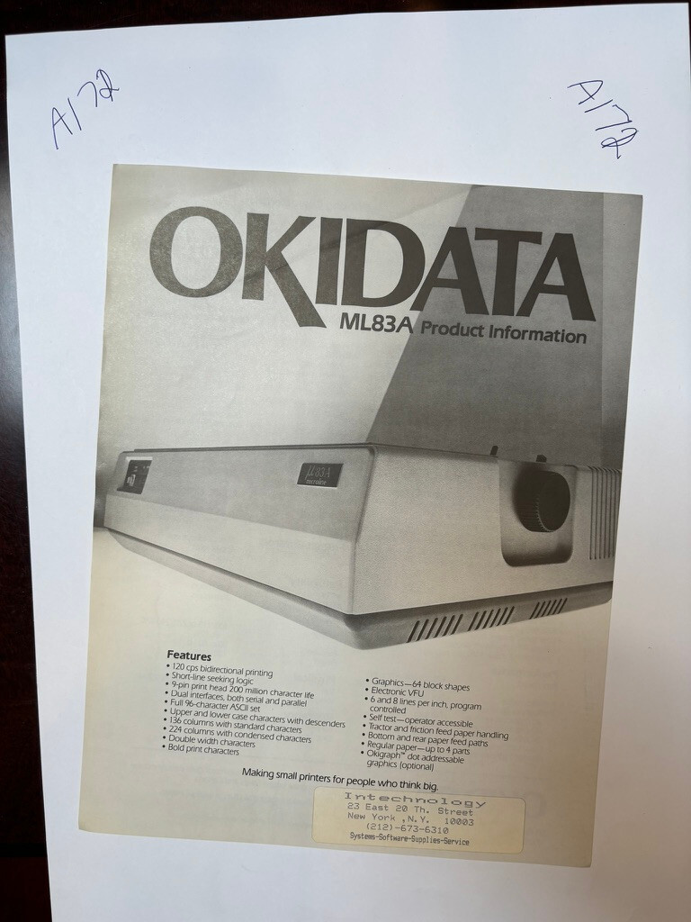 Vintage OKIDATA ML83A Spec Sheet Sales Brochure Catalog Ad *ORIGINAL*