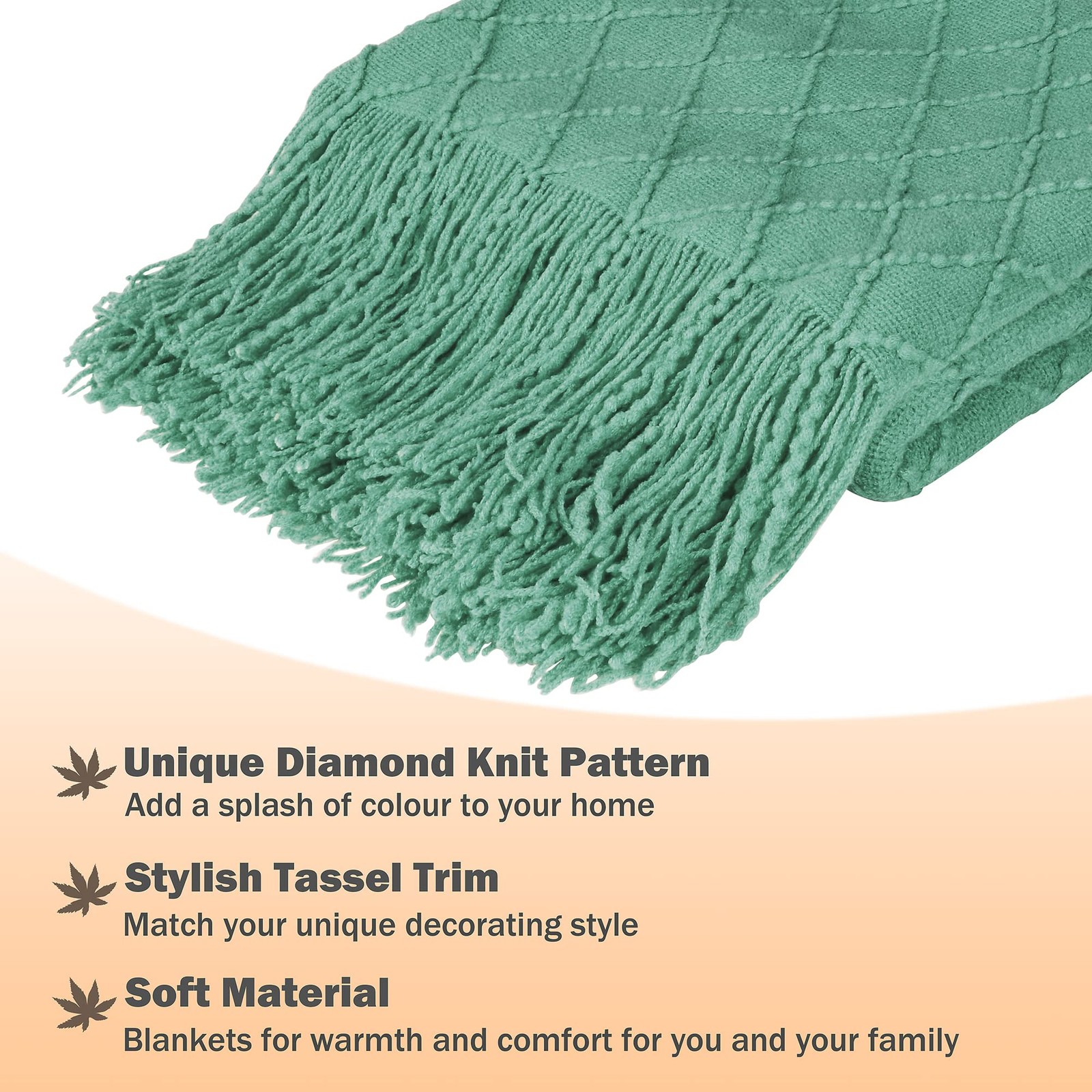 Teal Green Knitted Throw Blanket for Couch, Decorative Blanket with Fringe, A...