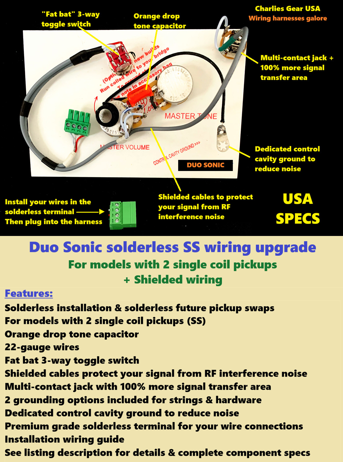 Fender Duo Sonic Solderless SS Wiring Upgrade +Shielded to Protect Your Signal