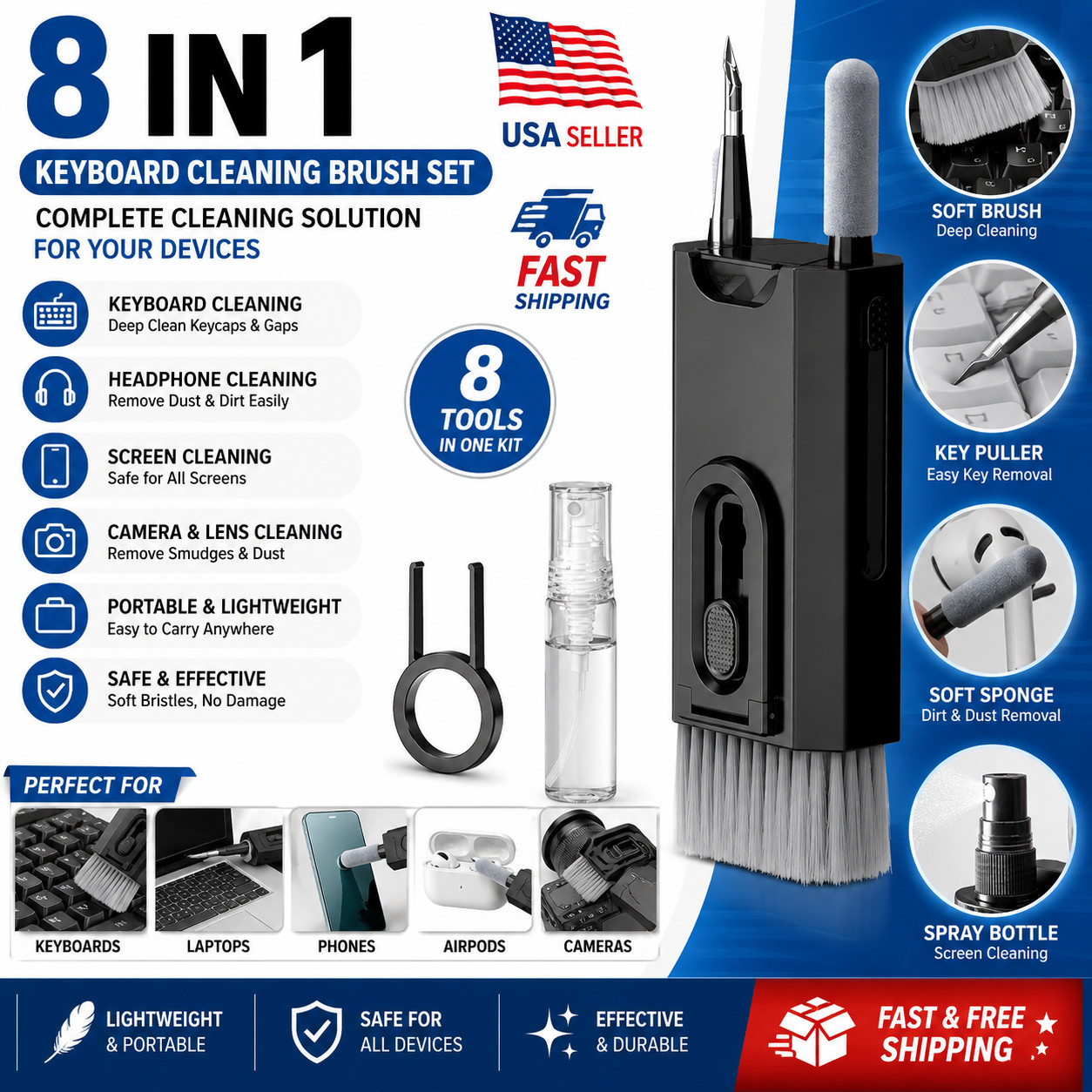 8 in 1 Keyboard Cleaning Kit Multi Tool Brush for Laptop PC Earbuds Phone ✅