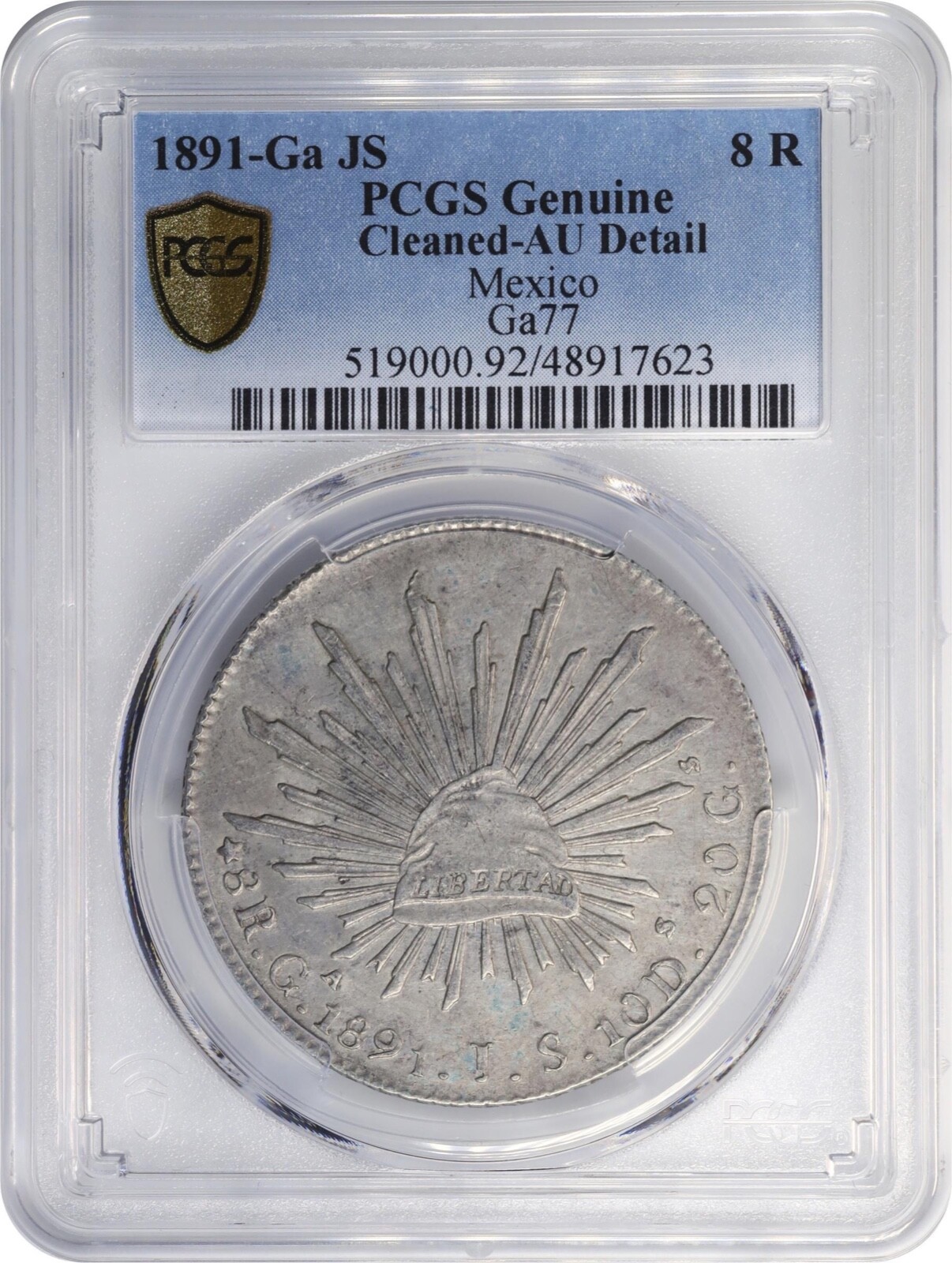 MEXICO GUADALAJARA 1891-GaJS 8 REALES COIN, PCGS CERTIFIED ALMOST UNC. DETAILS