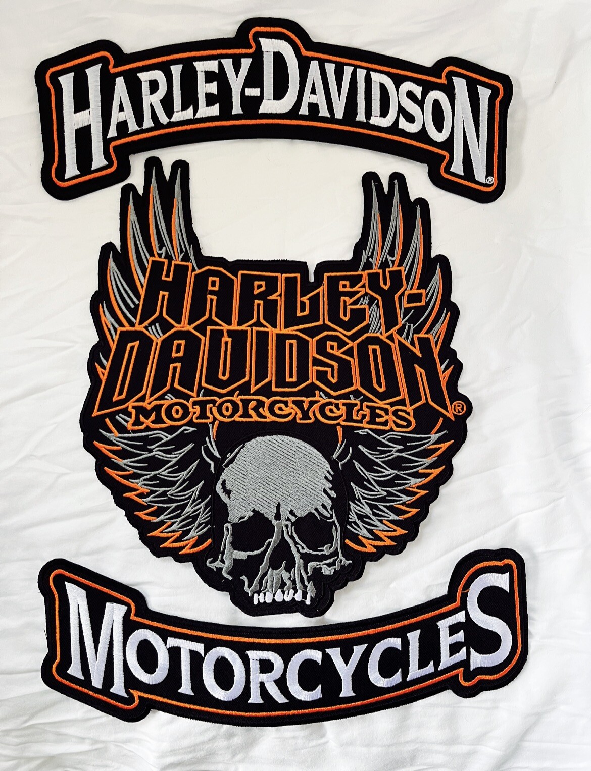 Harley Davidson Skull Grey Biker Vest/Cut/Jacket Iron On Patches & Rockers 3 Pcs
