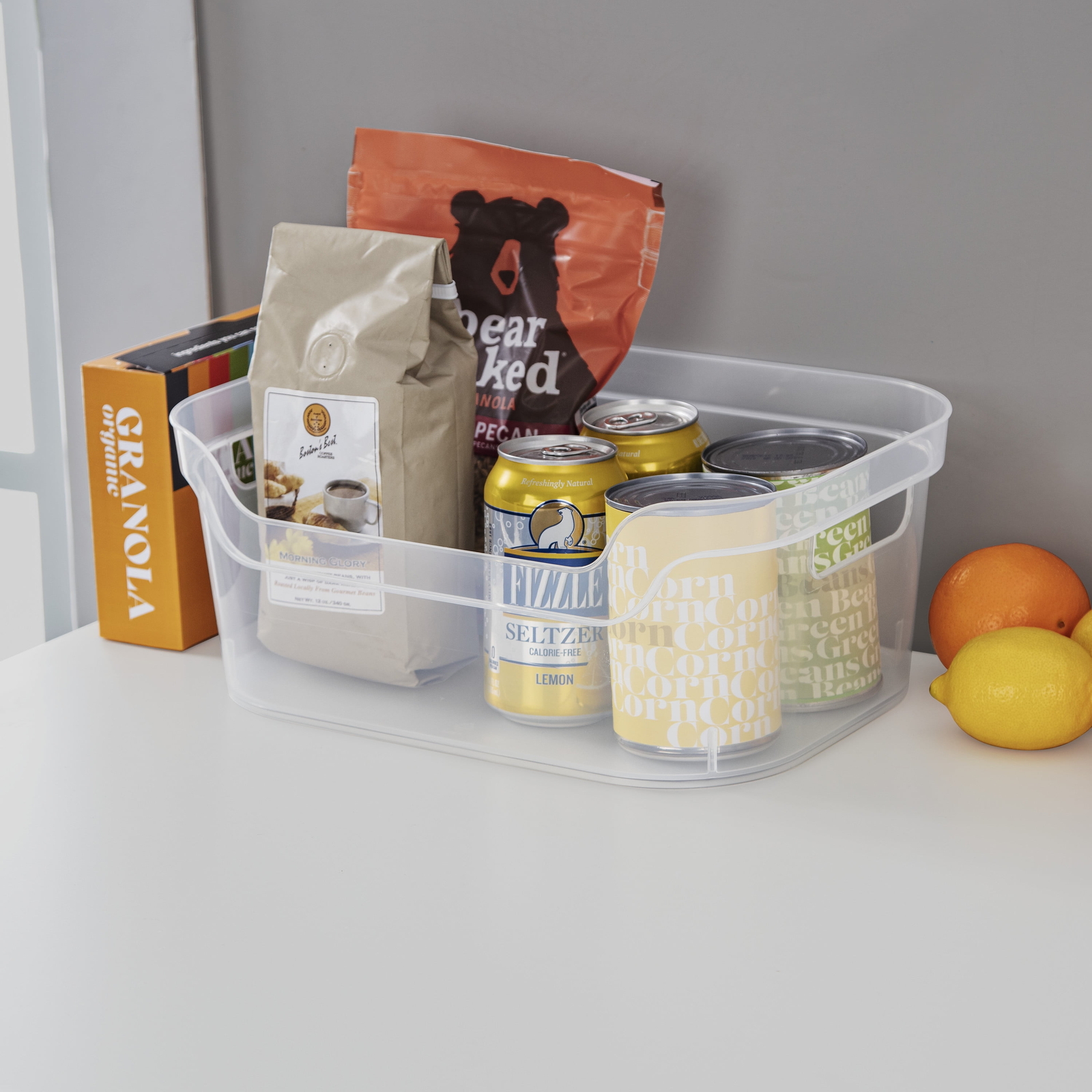(4 pack) Medium Open Bin, Clear Plastic, Easy Access Bin with Scoop Front
