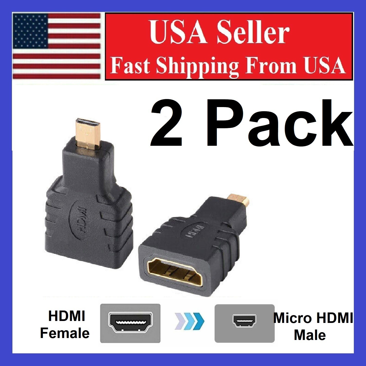 2 Pack Micro HDMI Type D Male To HDMI A Female Cable Adapter Converter Connector
