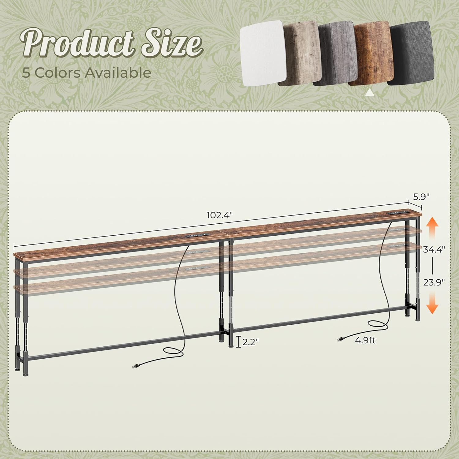 102.4 Inch Sofa Table with Power Outlets, 23.9’’-34.4’’ Height Adjustable Range,