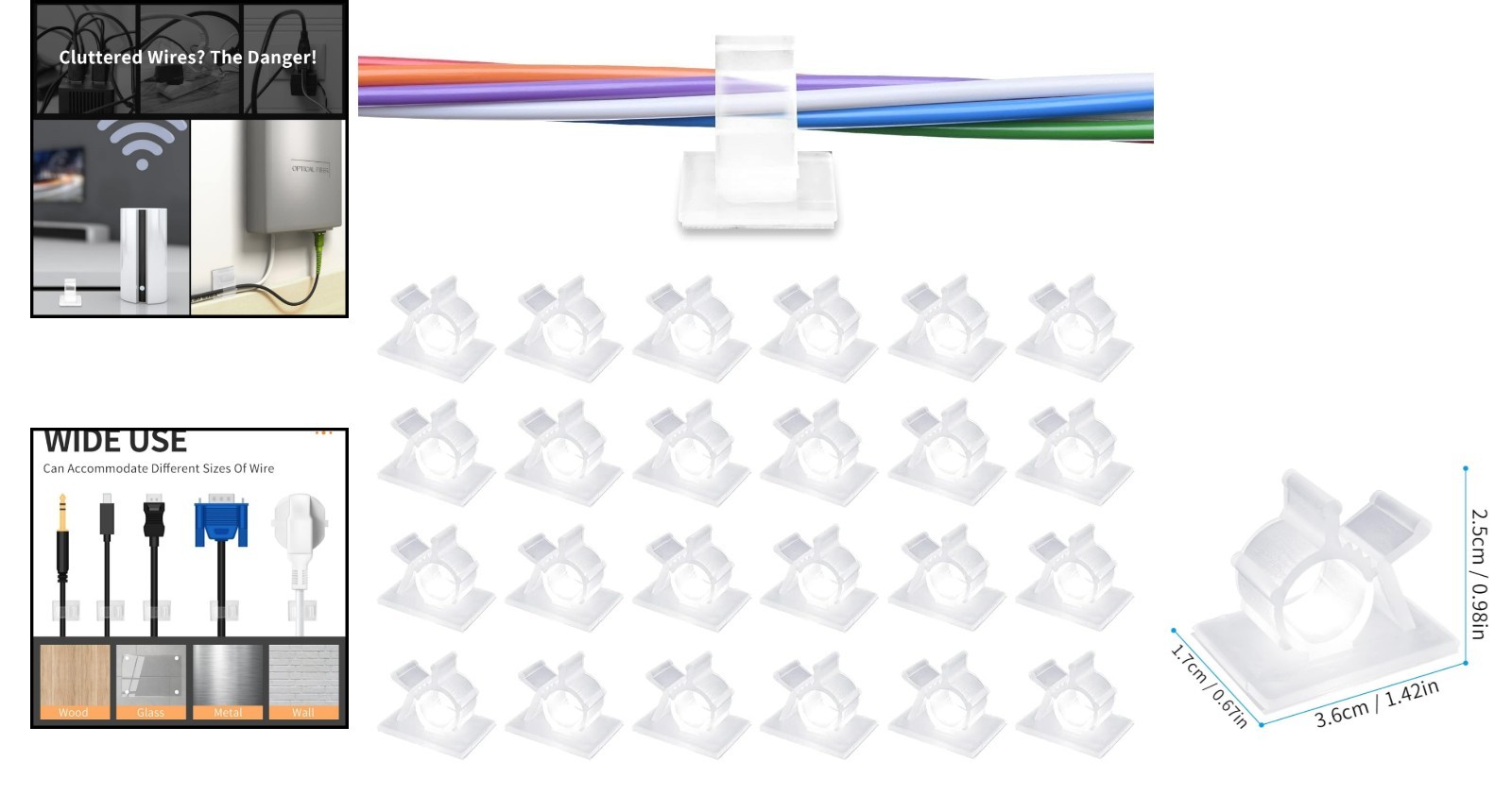 30 Pack Clear Self-Adhesive Cable Clips for Easy Wire Management - Fits 0.5 Inch