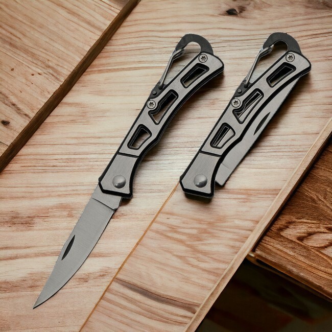 Carabiner Folding Knife | Black Silver Manual Stainless Steel Blade and Handle