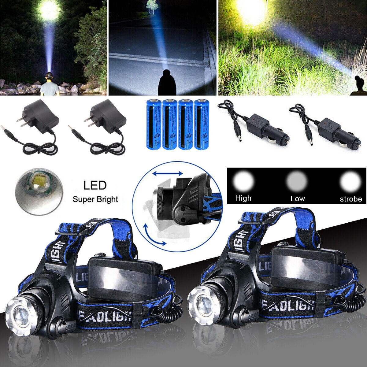 2PACK Super Bright LED Headlamp Rechargeable Headlight Head Lamp Flashlight HOT