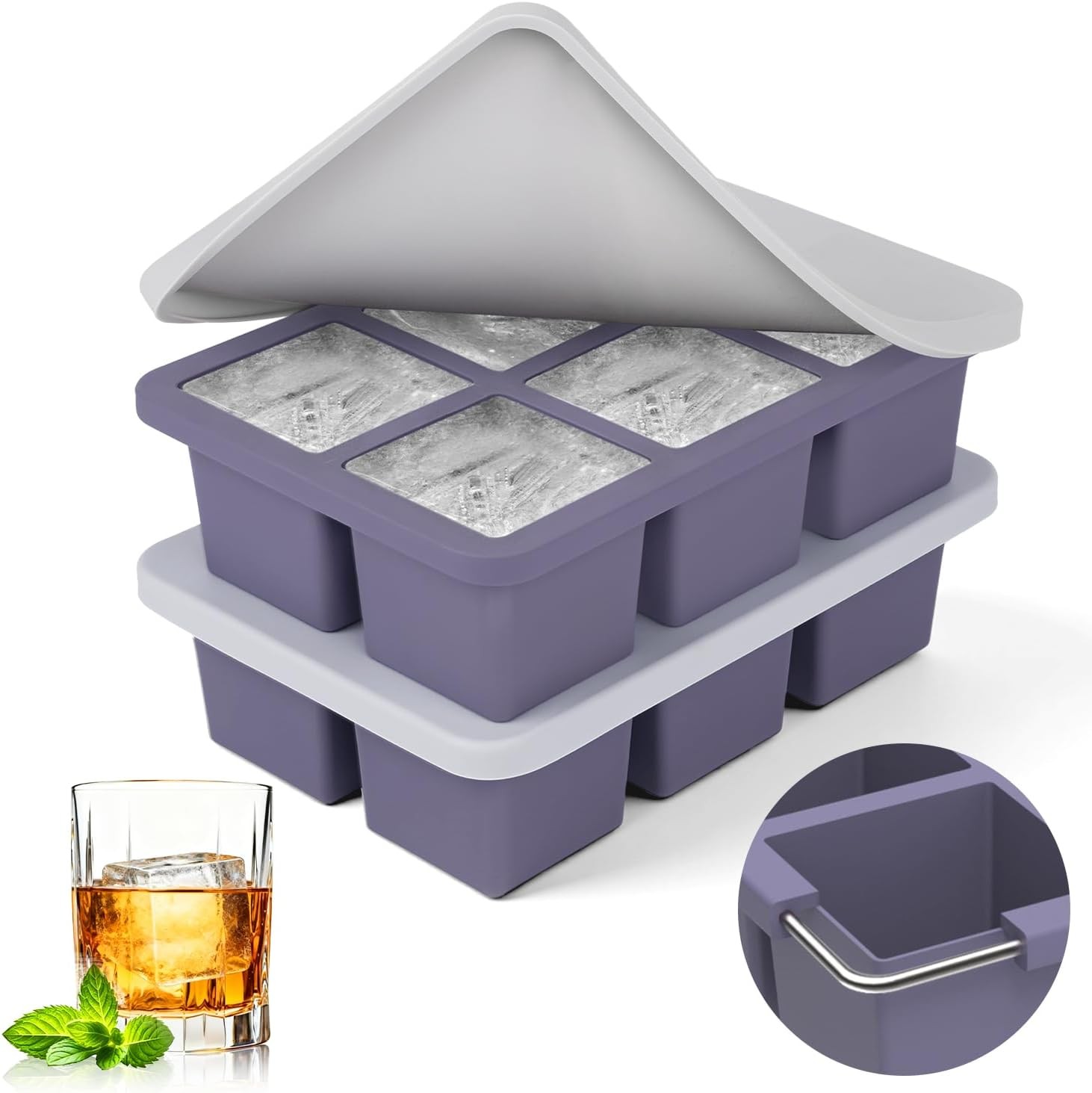 Large Silicone Ice Cube Trays with Lids, 2 Pack, Makes 2-Inch Cubes |
