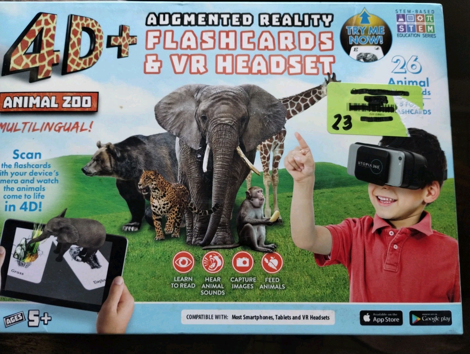 4D Utopia 360° Animal Zoo Augmented Reality Flashcards & VR Headset-Open Box