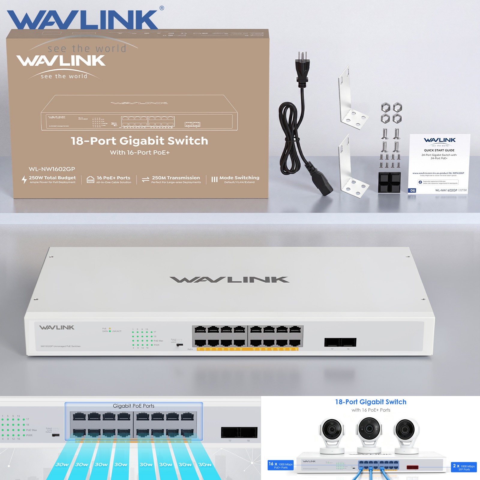 Wavlink 18 Full Gigabit Ports Switch with 16 PoE+ 2* 1000Mbps SFP Uplink 250W