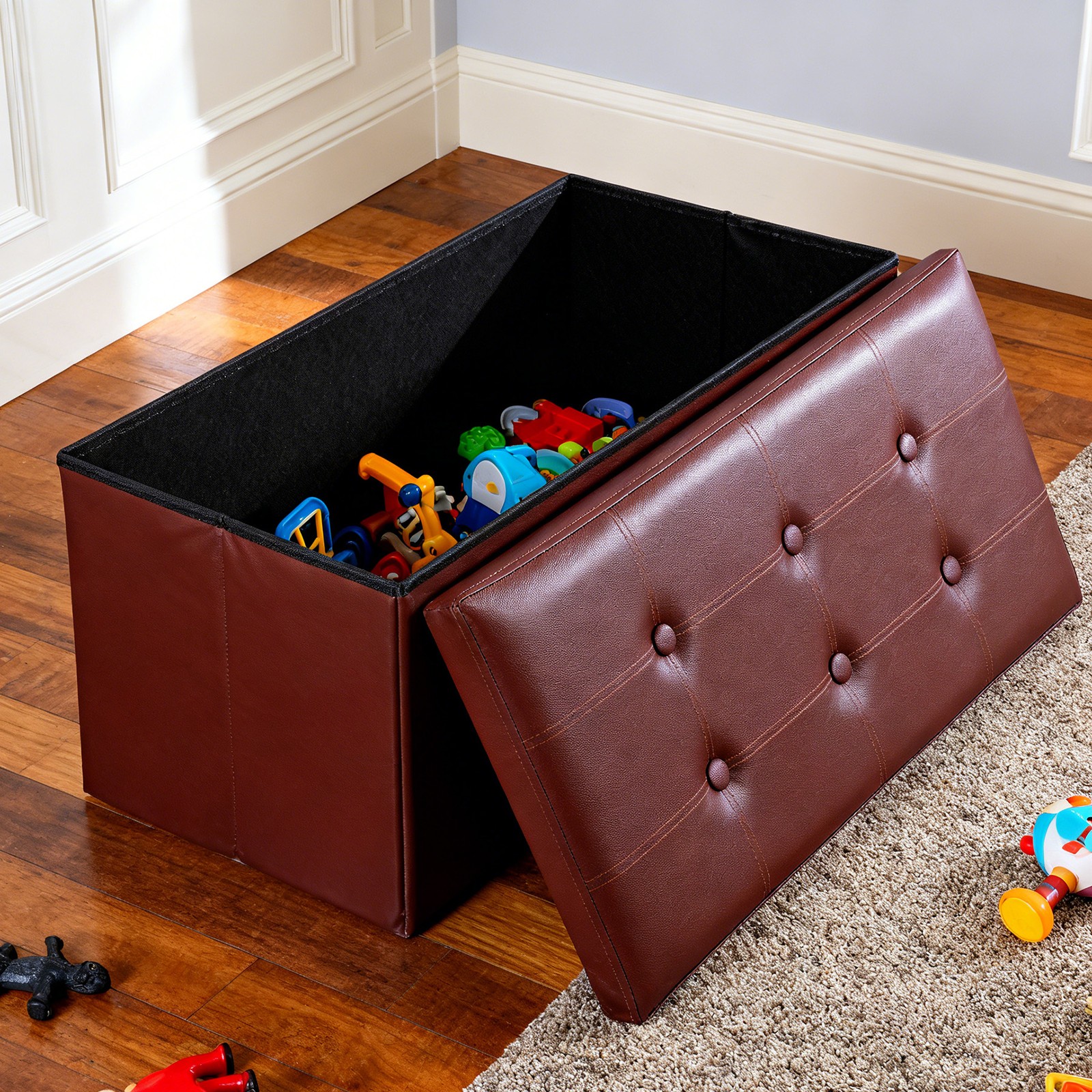Brown Sturdy Ottomans Foot Bench Foldable Storage Footstools Spacious Organizer