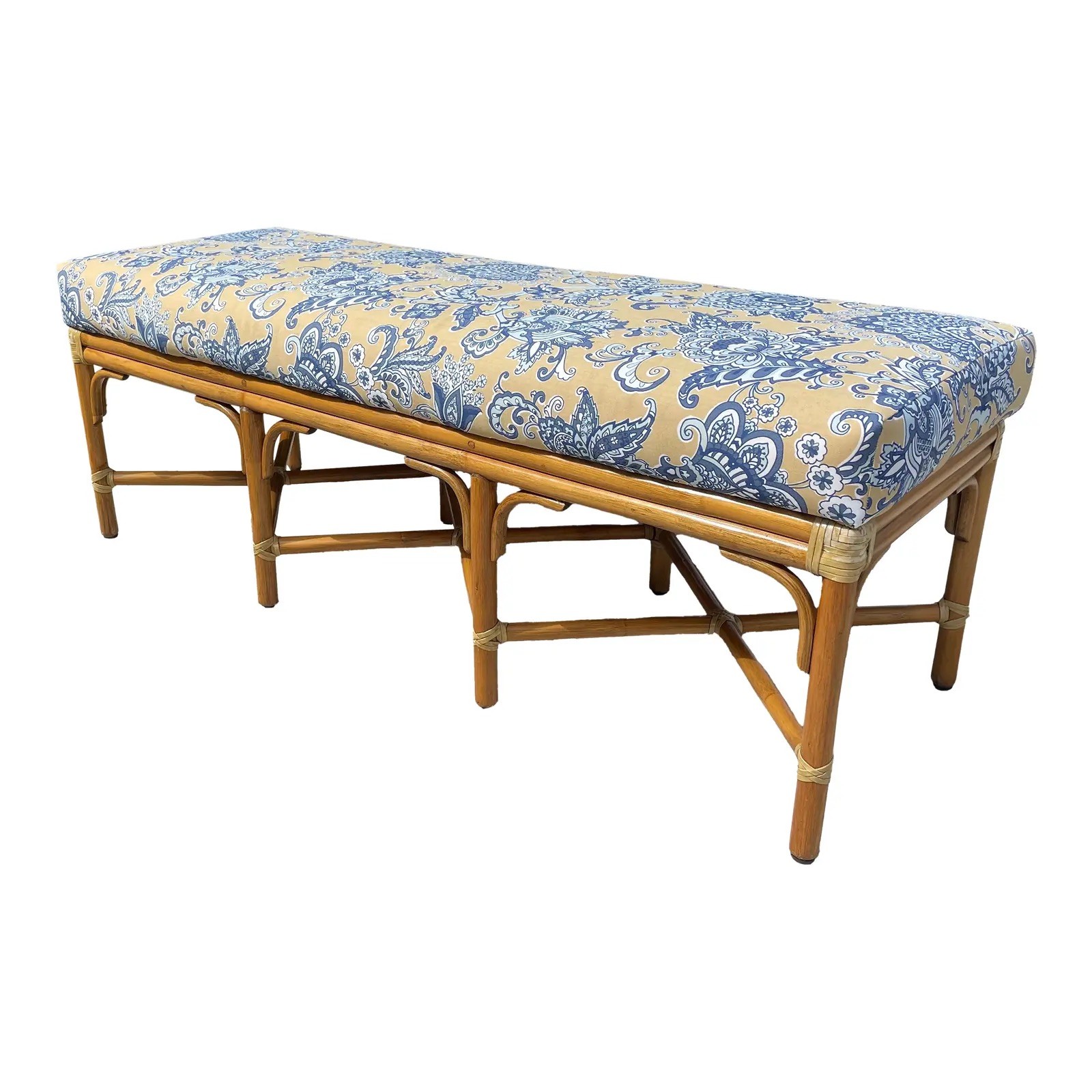 Authentic McGuire Rattan Bench, New Schumacher Upholstery, USHIP delivery