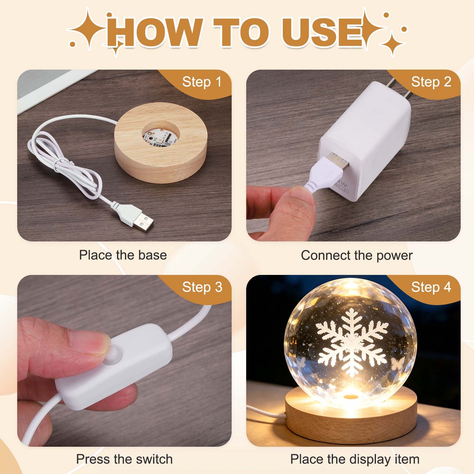 LED Base Wood Light Display Base, 2.76In/7cm OD White Light