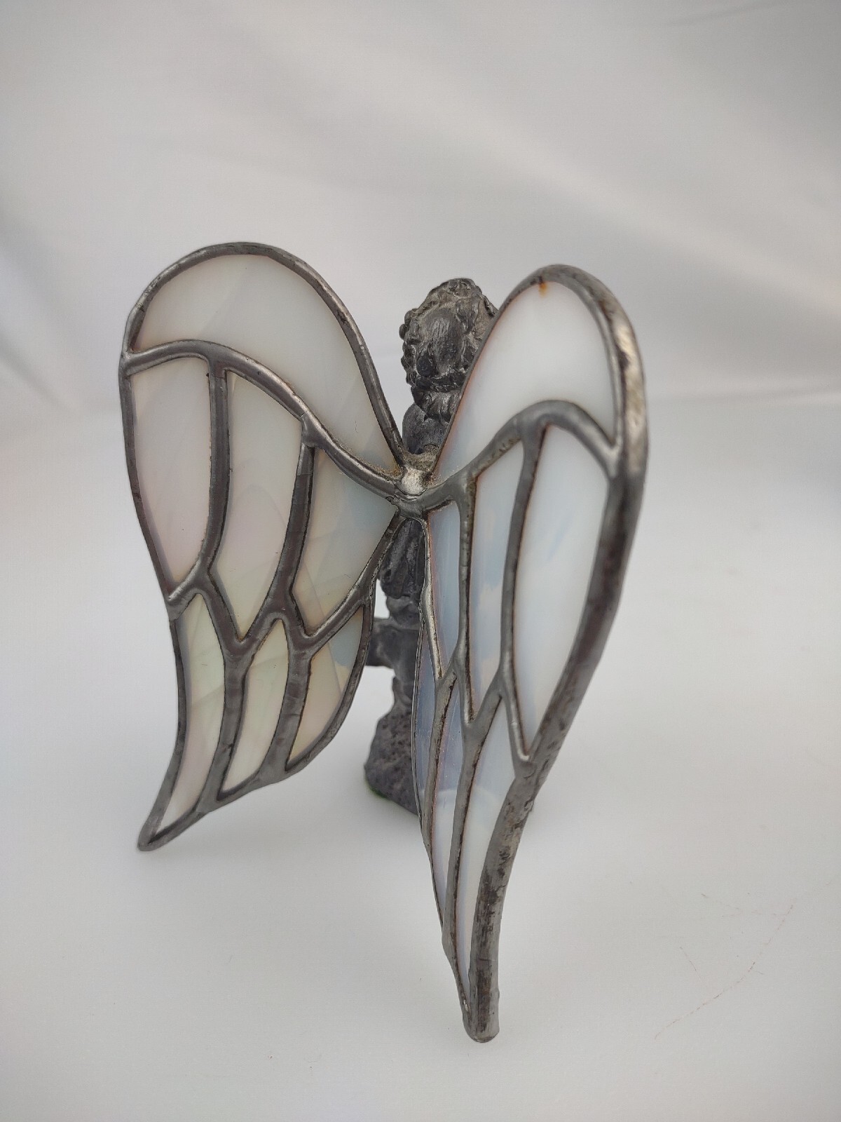 Standing Angel with Ribbon Hand Cast metal Sculpture with stain glass wings
