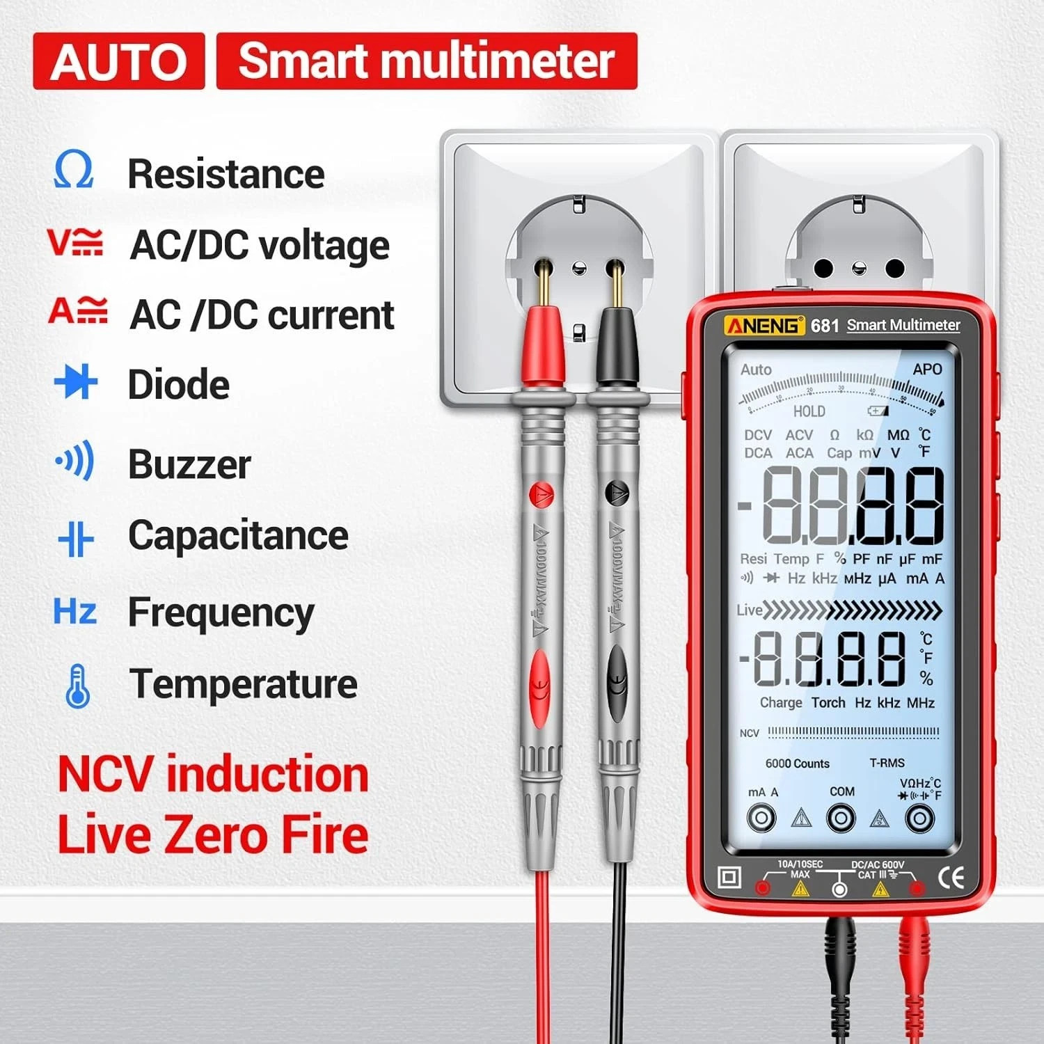 Digital Multimeter Tester Auto-Ranging TRMS 6000 Counts Voltmeter Smart Rech...