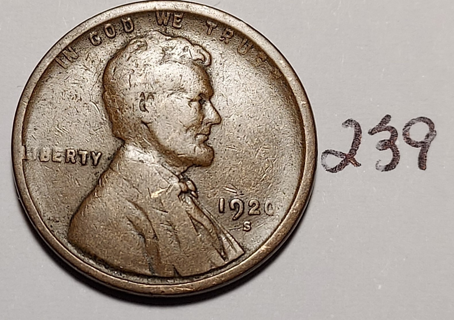 1920-S Lincoln Wheat Cent    Below Fine   #239