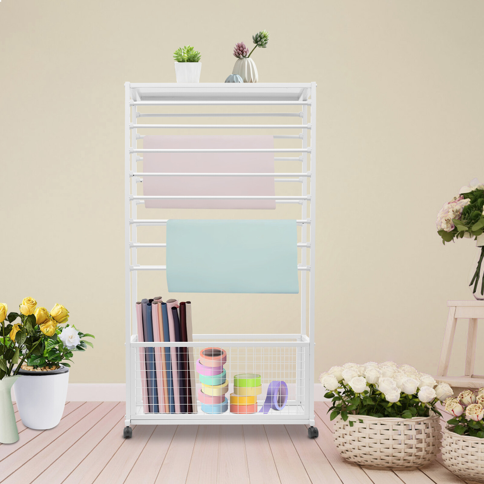 Mobile Ribbon Holder Organizer with Wheels and Ample Storage Space