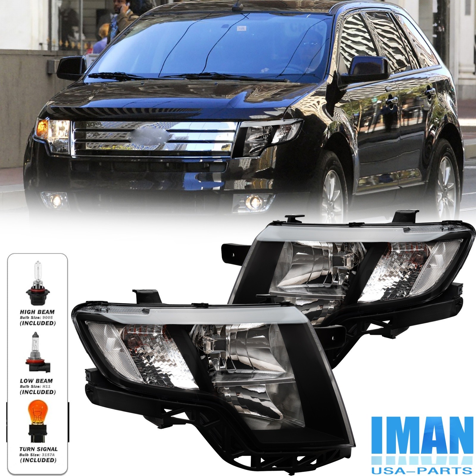 For 2007-2010 Ford Edge 1 Pair Black Housing White Corner Headlights W/Bulbs
