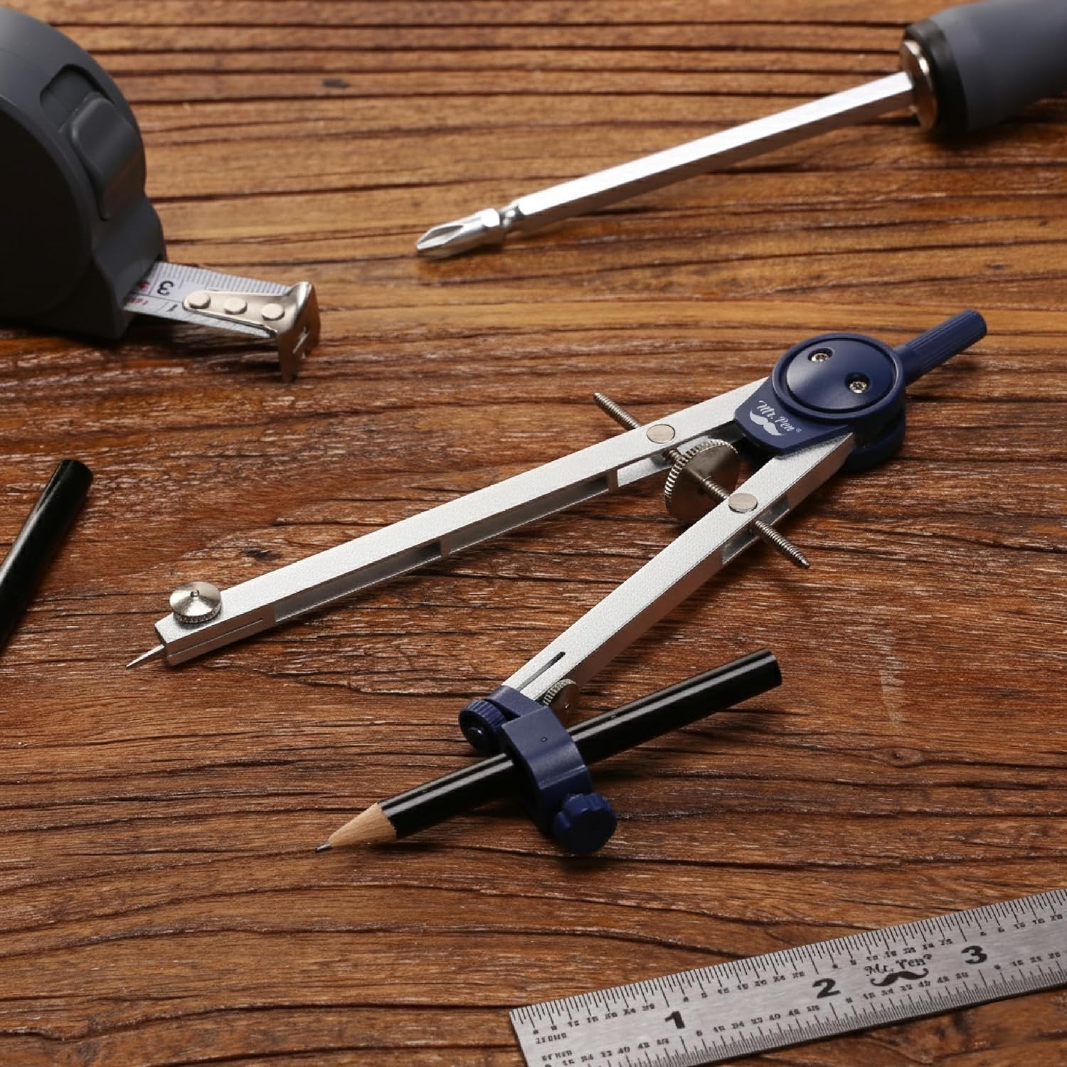 Mr. Pen- Compass for Geometry, with Pencil, Drawing Silver
