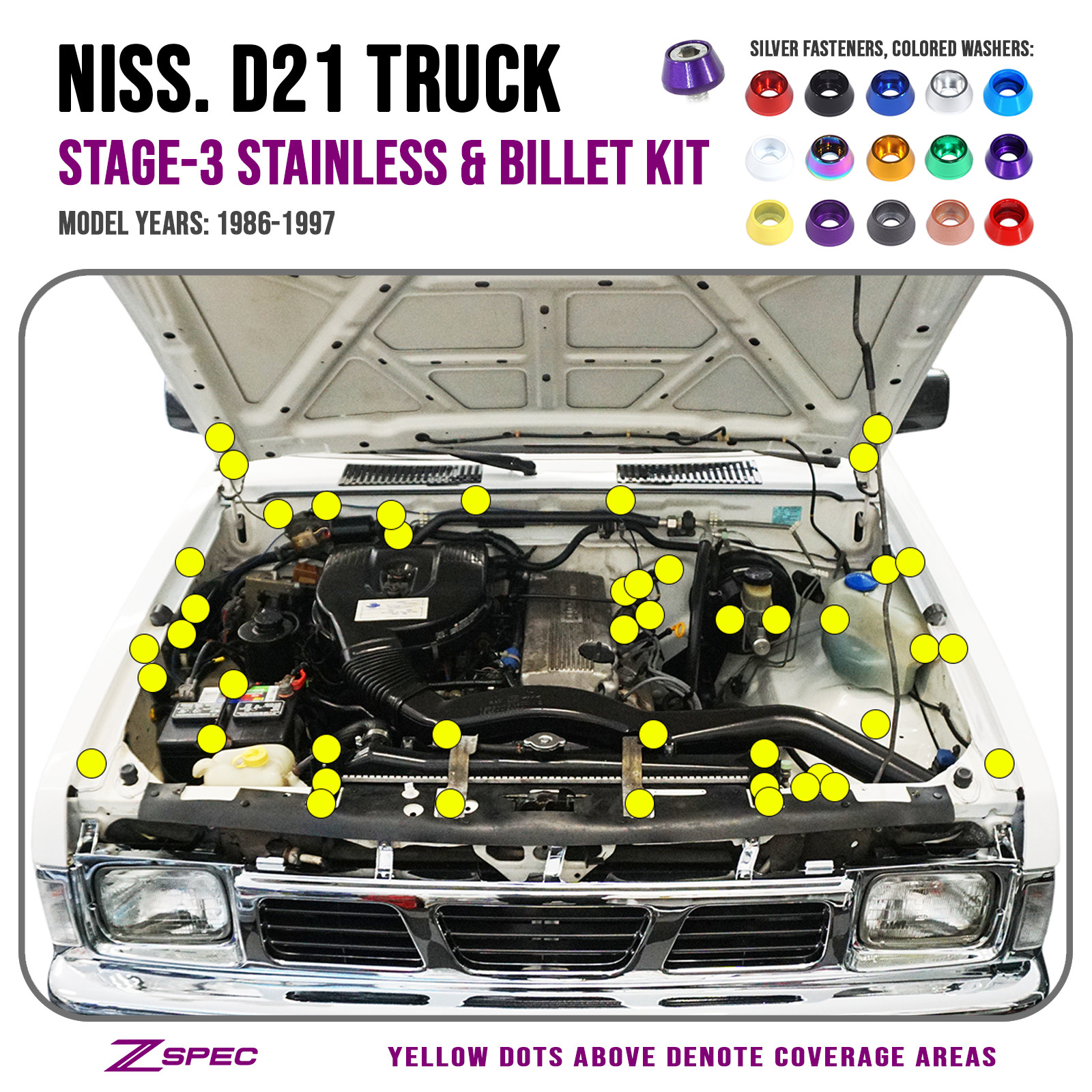 ZSPEC Stage-3 Engine Bay Fastener Kit for Nissan Hardbody D21 Pickup Truck, Stai