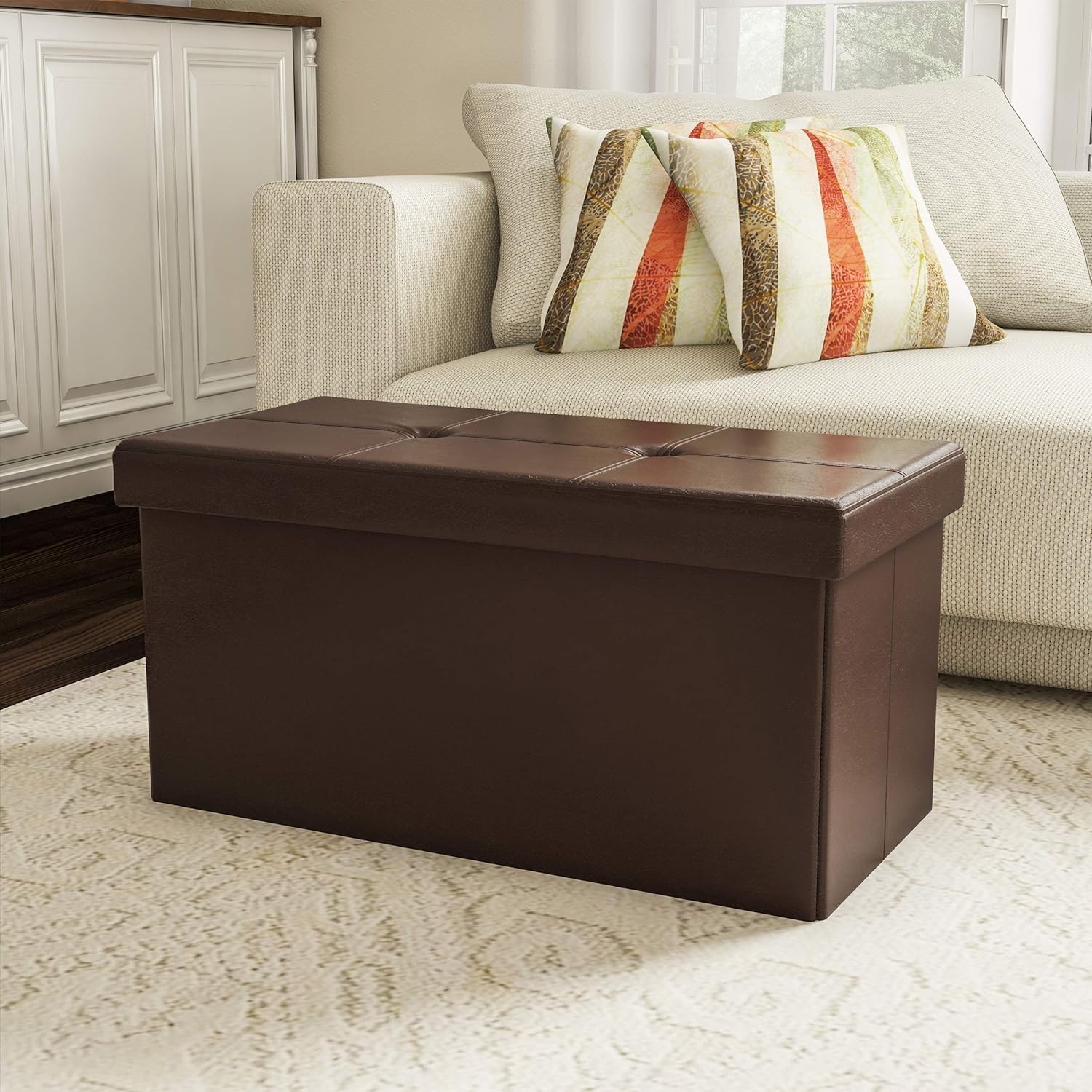 Storage Ottoman 30-Inch Folding Faux Leather Footrest Linen Chest/Bench W/ Remov