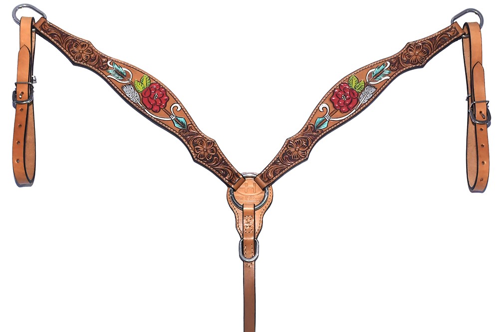 BE Bar H Equine Western Horse Genuine Leather Floral Design Hand Painted Breast