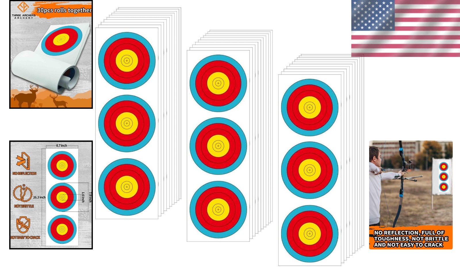 Precision 30pcs Archery Targets - Vertical 3 Spot Design for Training & Practice