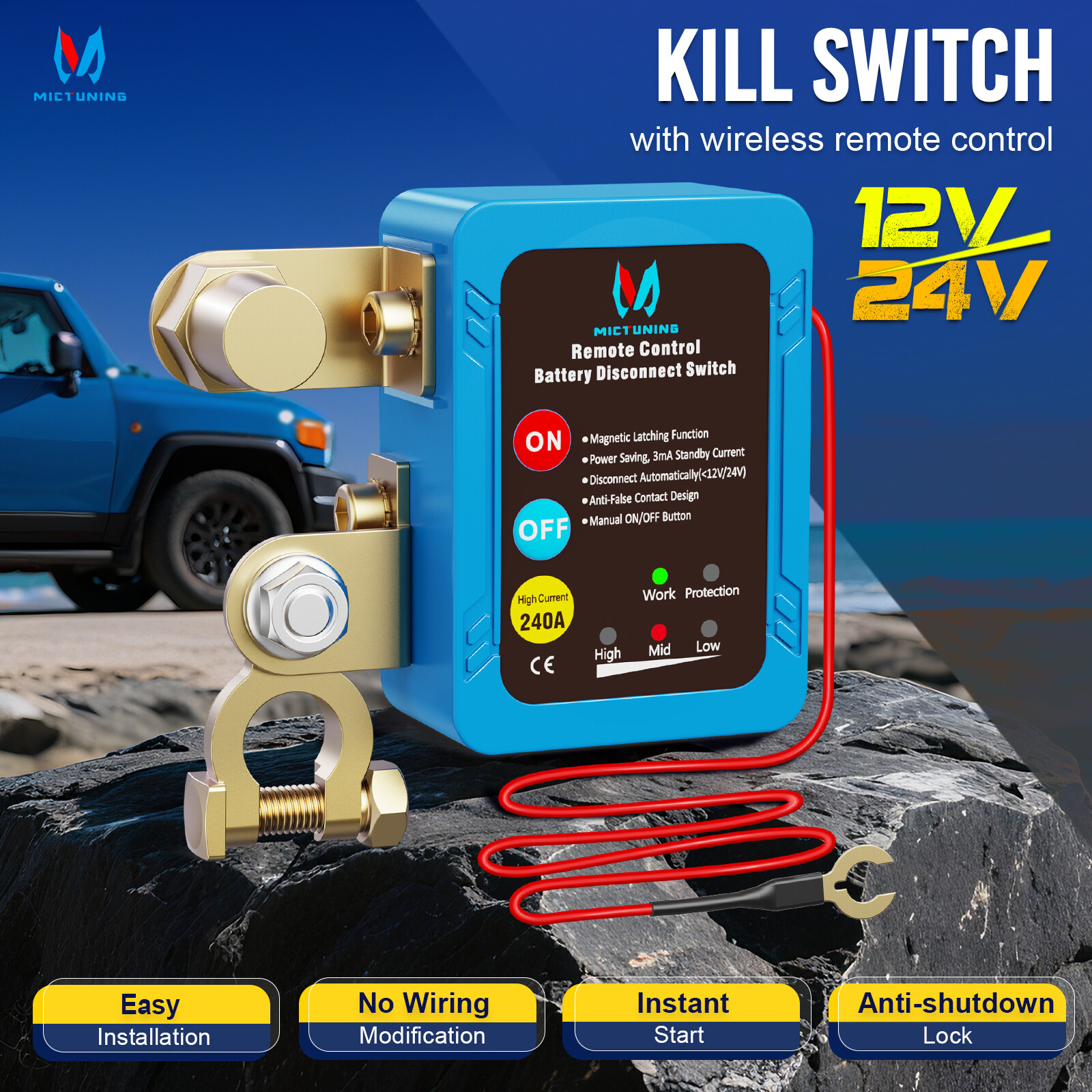 1Pc 240A Remote Battery Disconnect Switch Kill Automatic Power Shut Off Switch