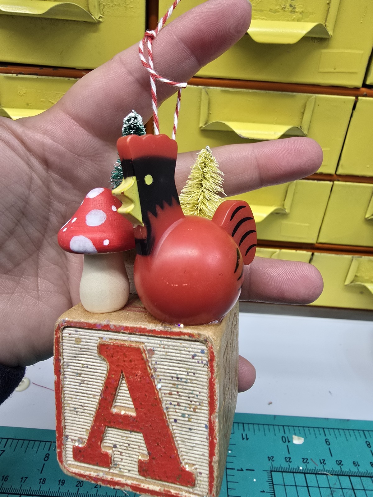 Vintage building block  Fisher Price Little People Chicken Christmas Ornament A