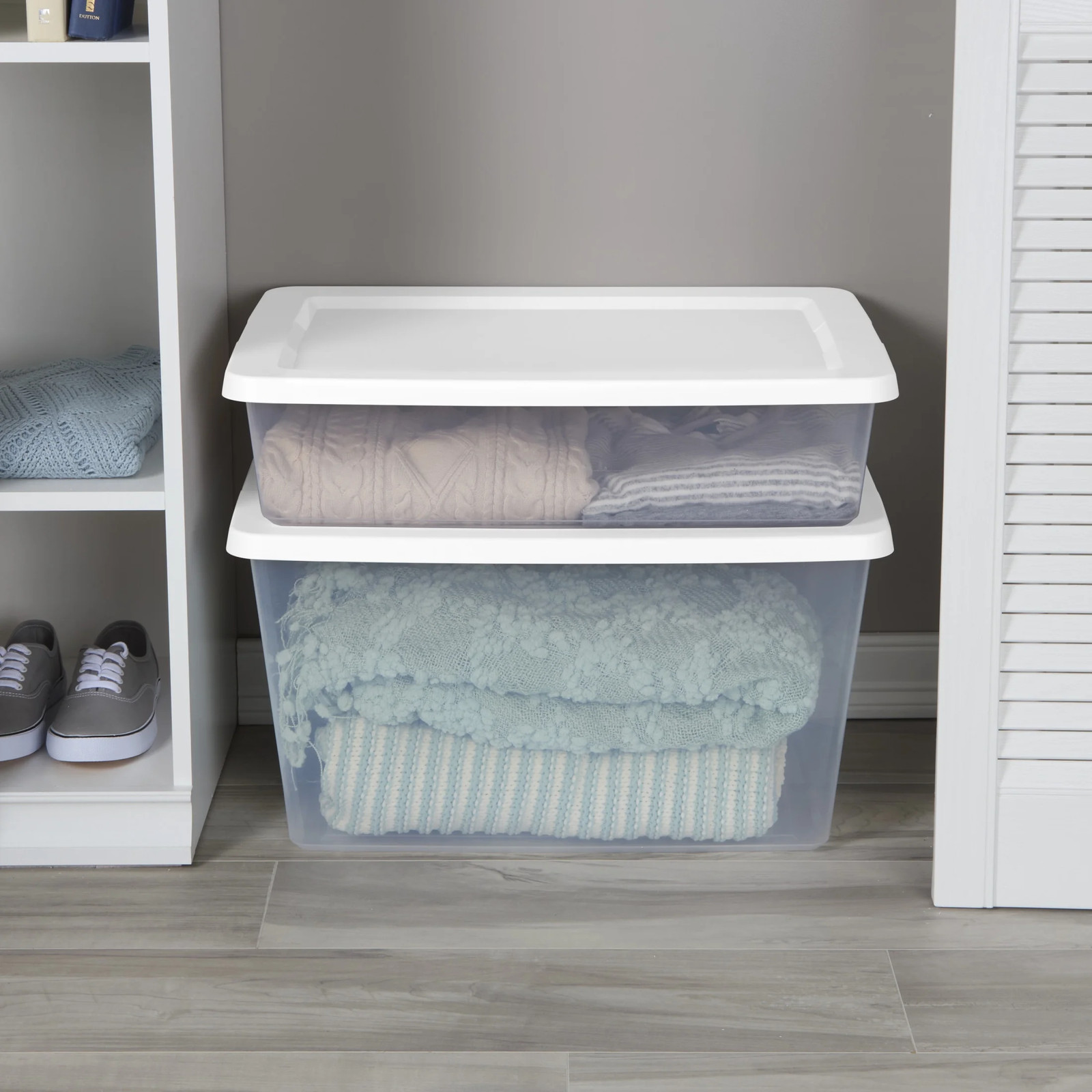 Small Storage Bin, 28 Quart Clear Plastic Container, White