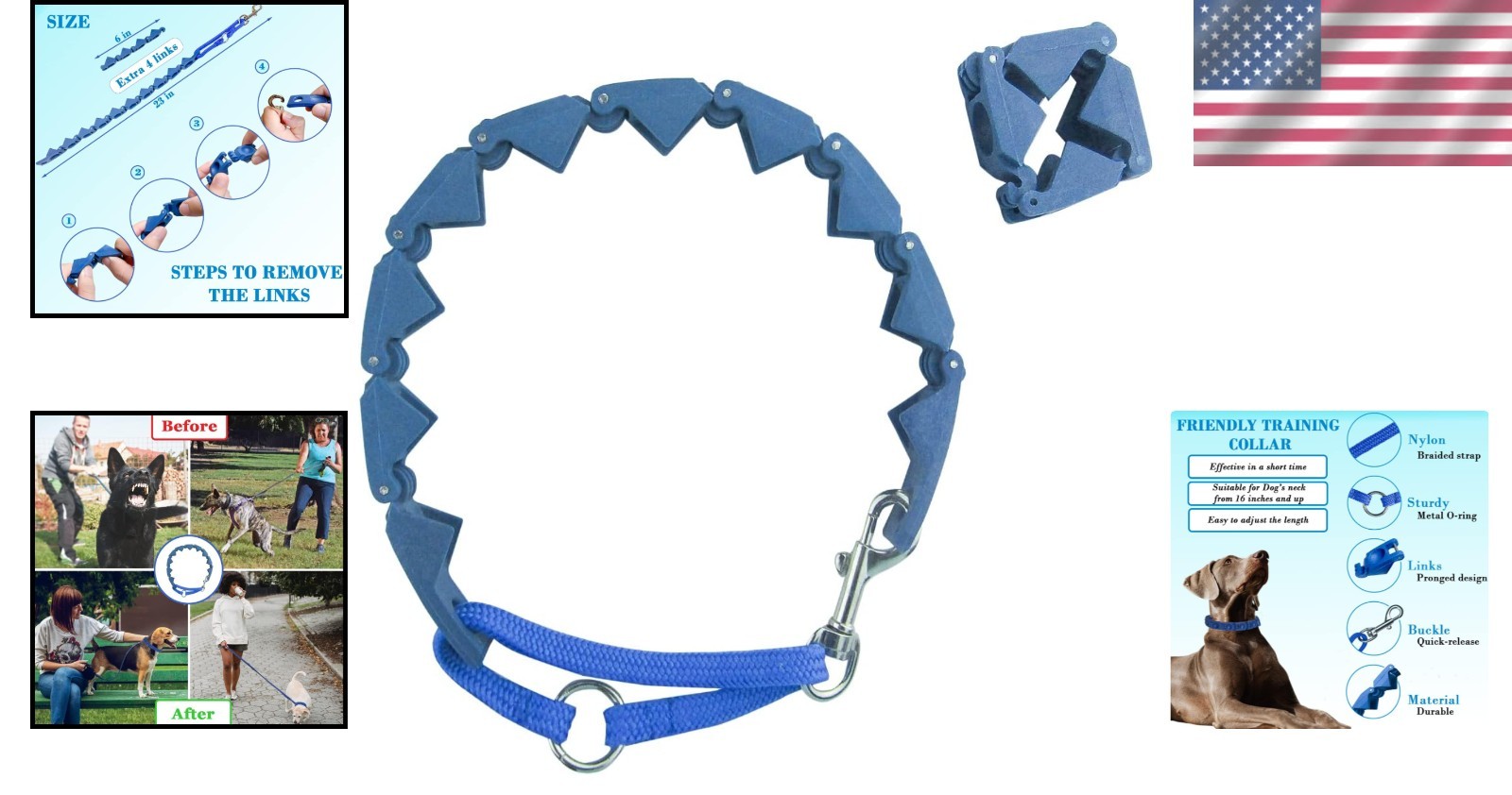 Extra Link Adjustable Training Collar in Blue for Medium, Large & X-Large Dogs